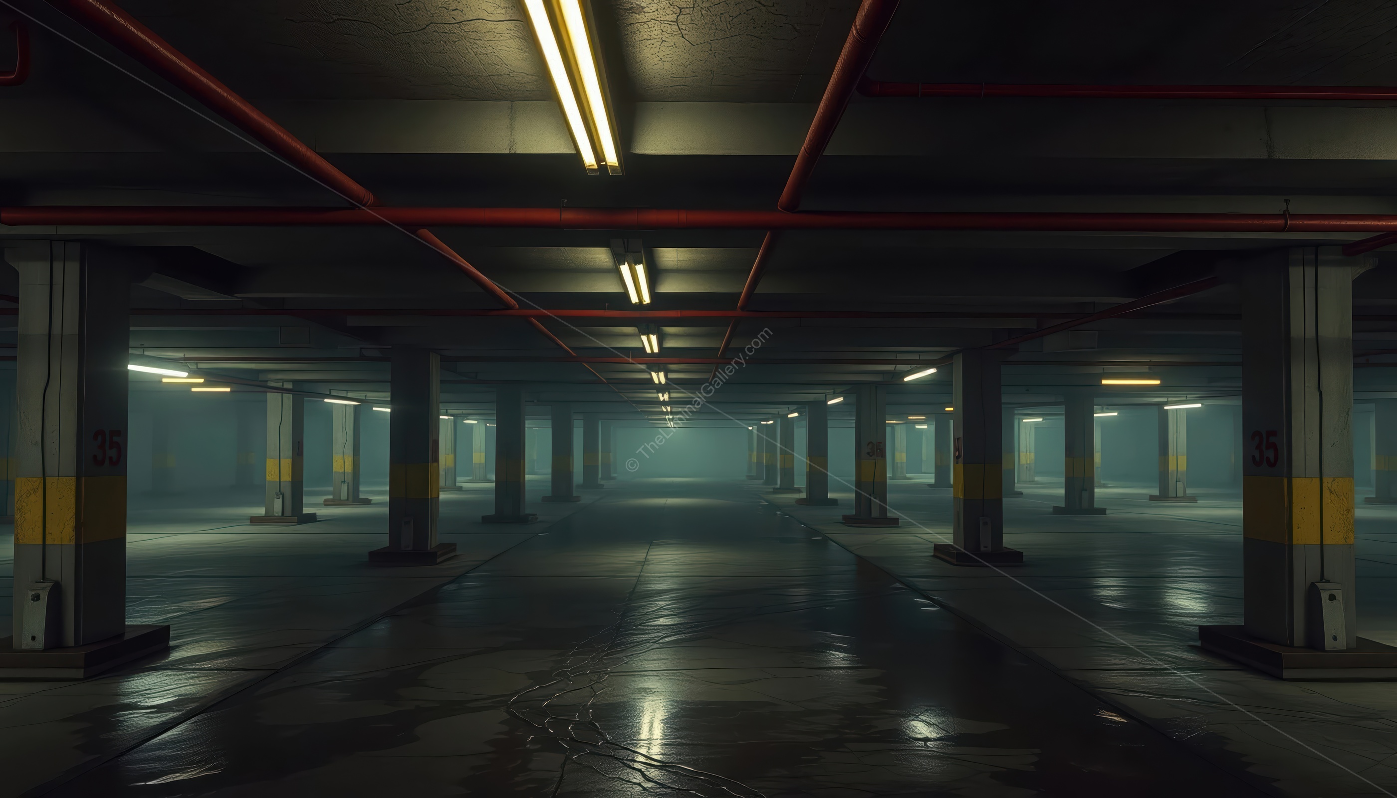 The vast, empty expanse of the car park epitomizes the liminal feeling.