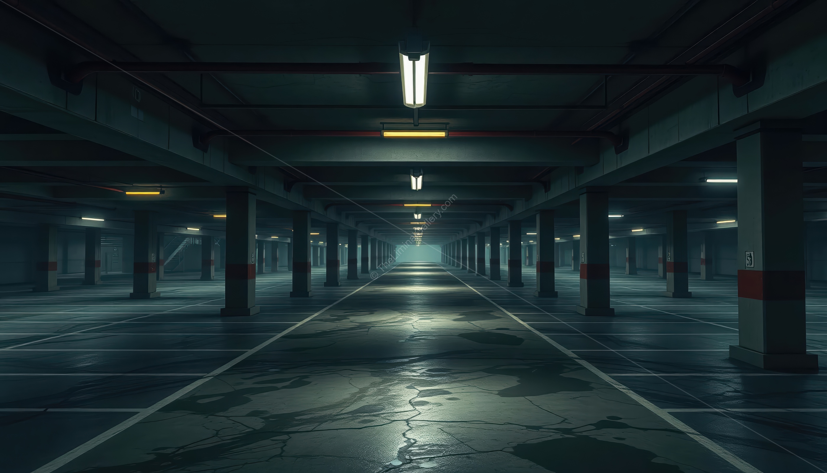 The echoing sounds in the car park emphasize its loneliness.