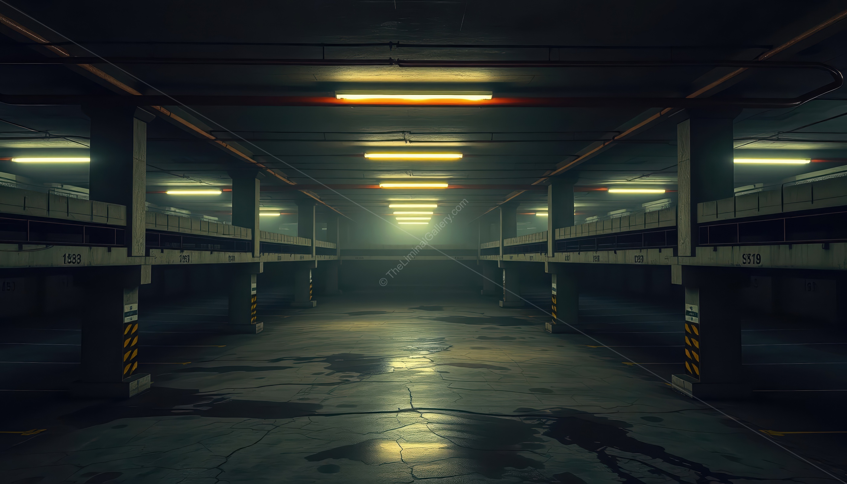 The empty parking spaces and the echoing silence create an unsettling ambiance.