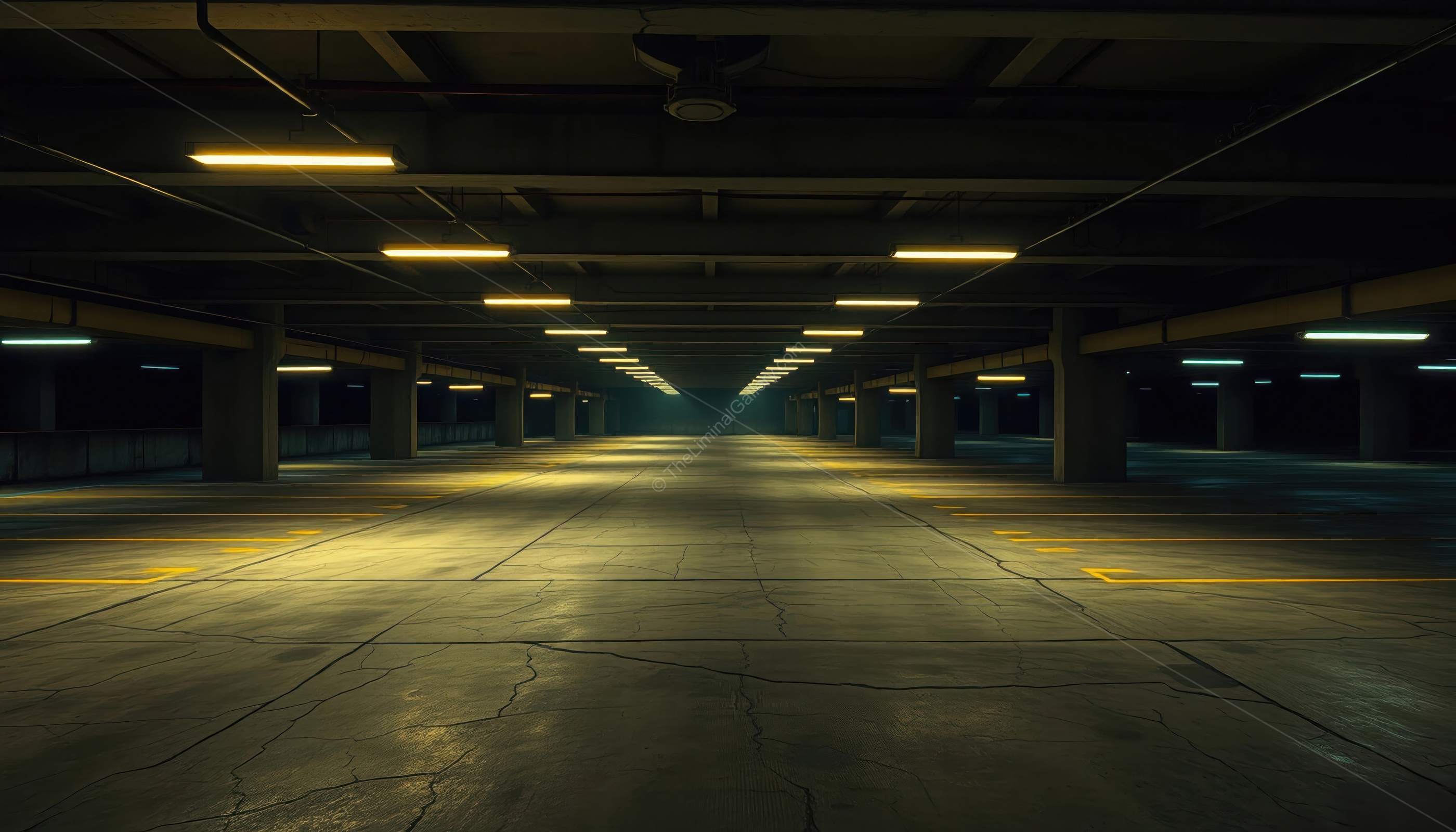 The abandoned, empty parking spaces create an unsettling atmosphere.