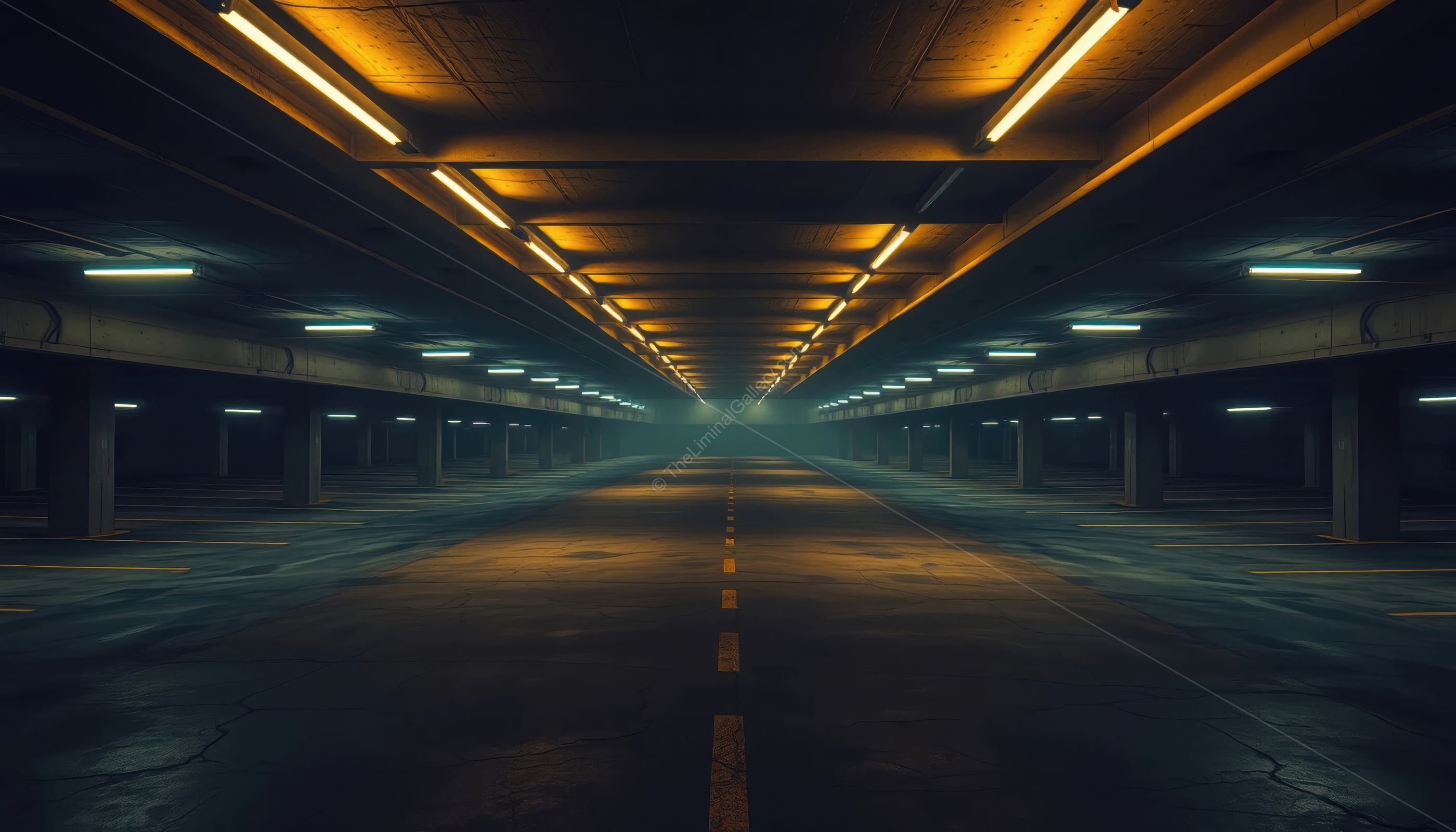 The cold, empty car park emphasizes a sense of isolation and despair.
