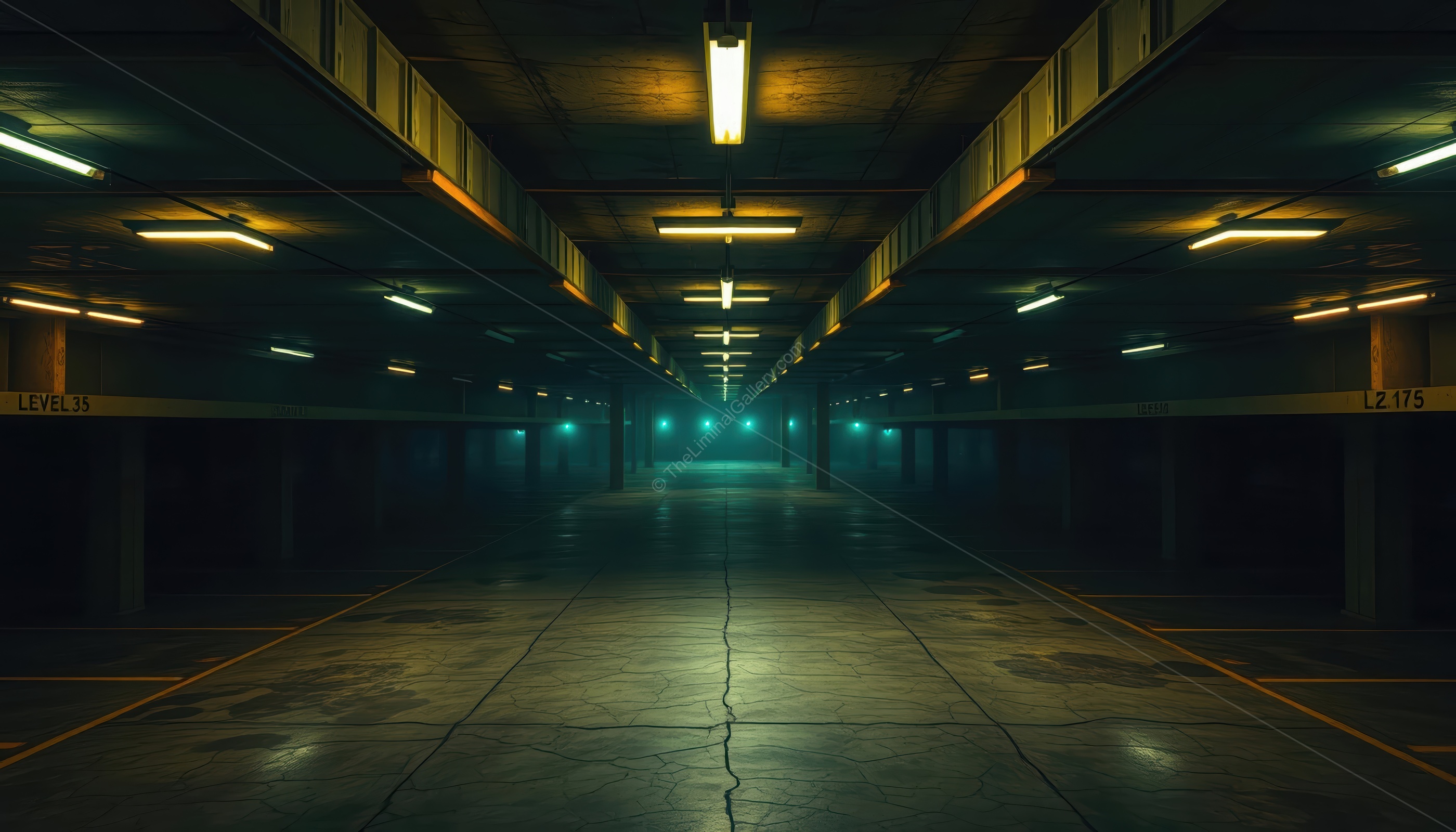 The deserted car park offers an unsettling view of the Backrooms.