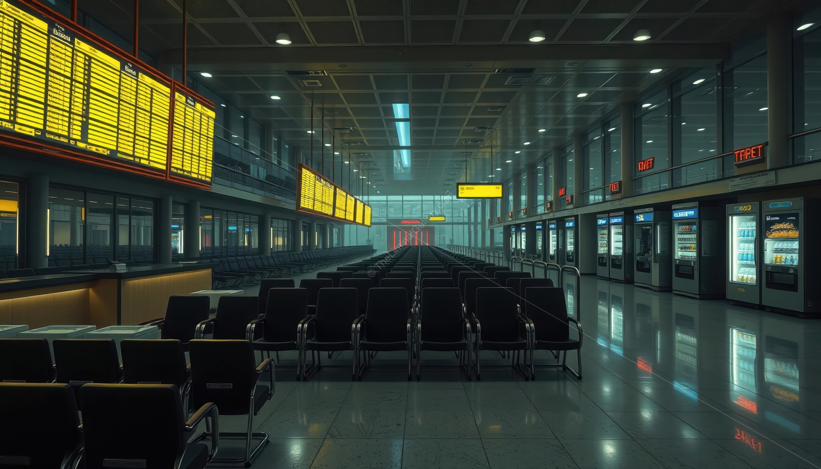 The empty airport terminal, like a ghost of travel, invokes a liminal sense.