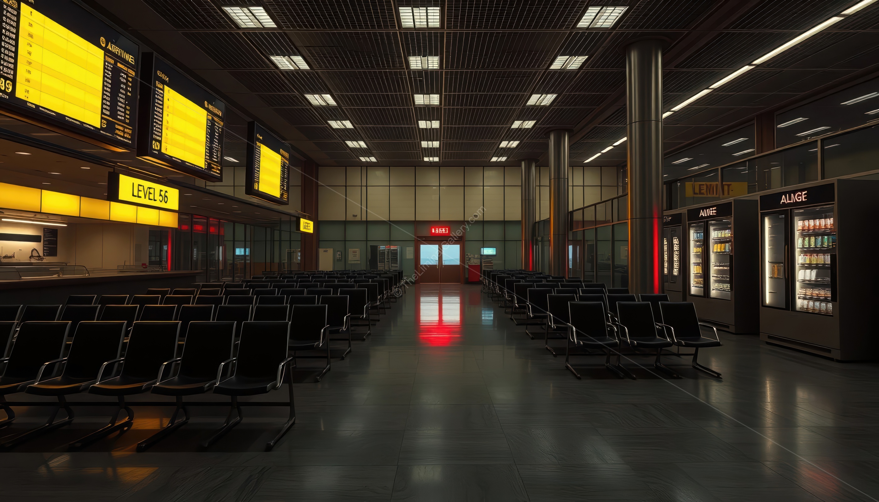 The terminal's emptiness and the silent echoes of a forgotten world make it eerie.