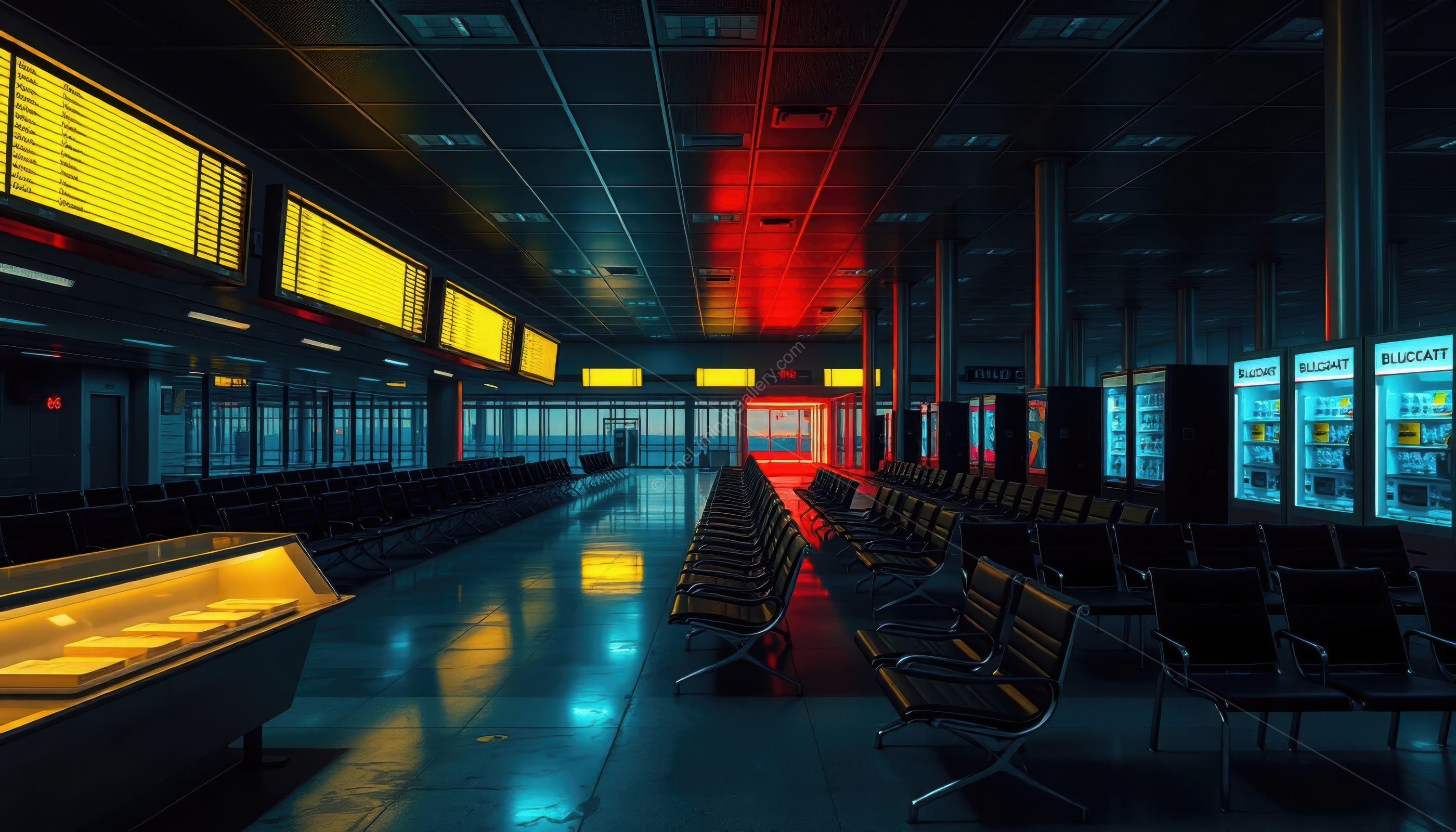 Uncanny terminal corridors in Level 36, Airport, blending nostalgic travel vibes with liminal eeriness.