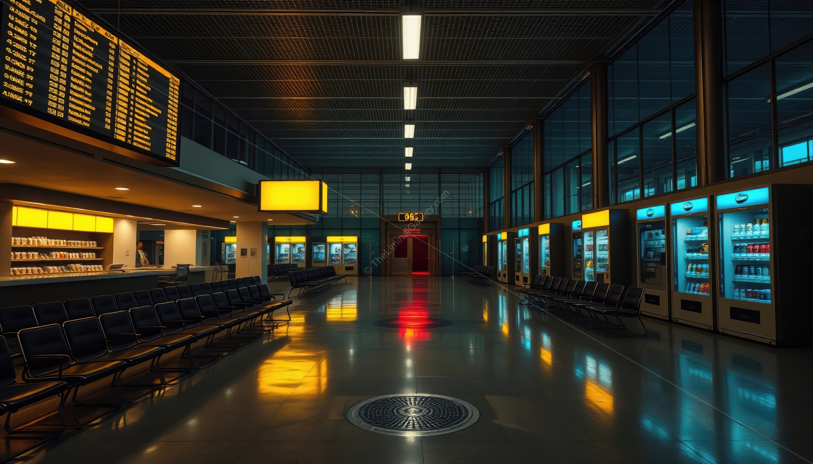 The vast, empty airport evokes feelings of displacement and isolation.