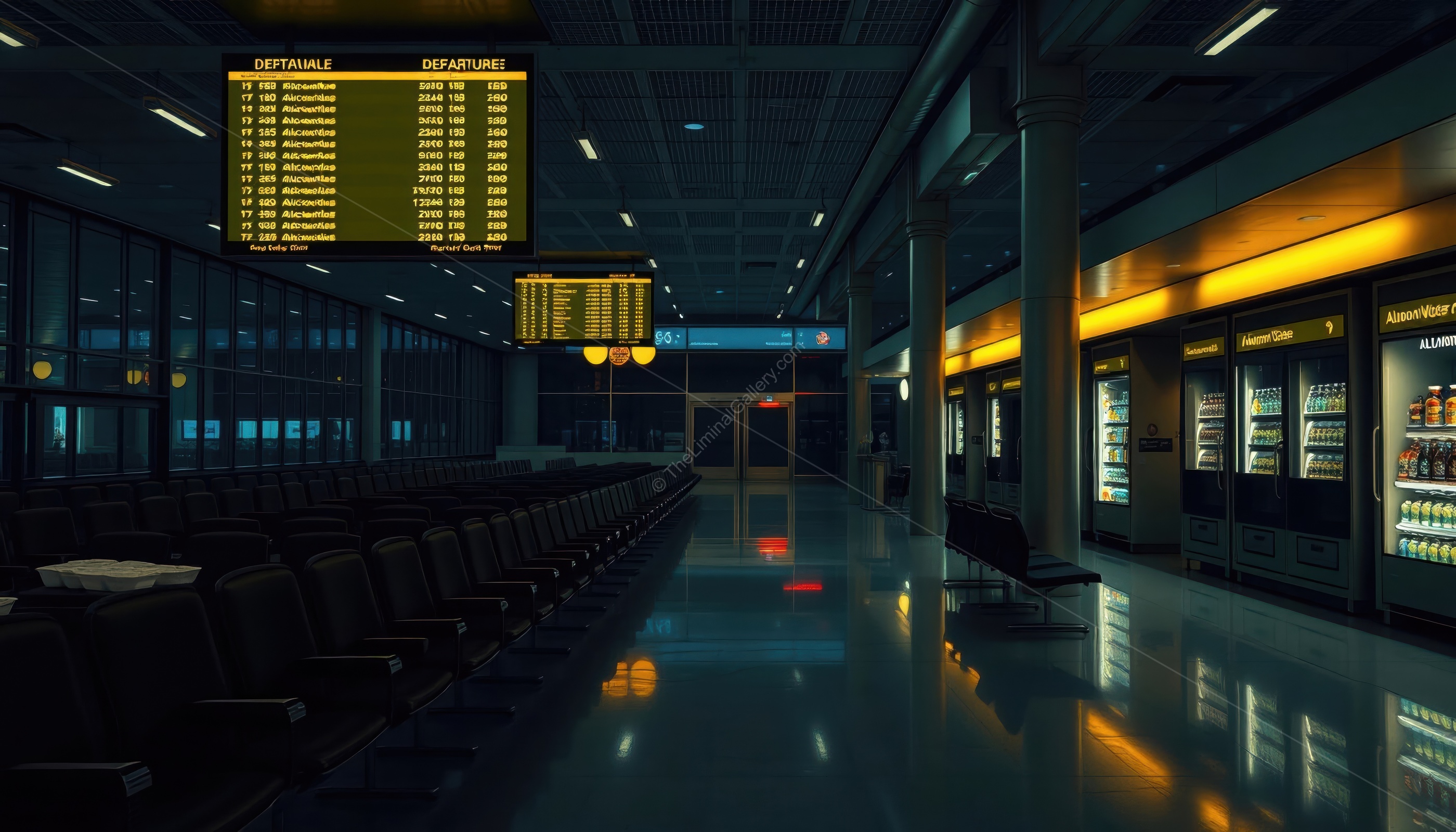 The empty terminal halls create an unsettling sense of the surreal.