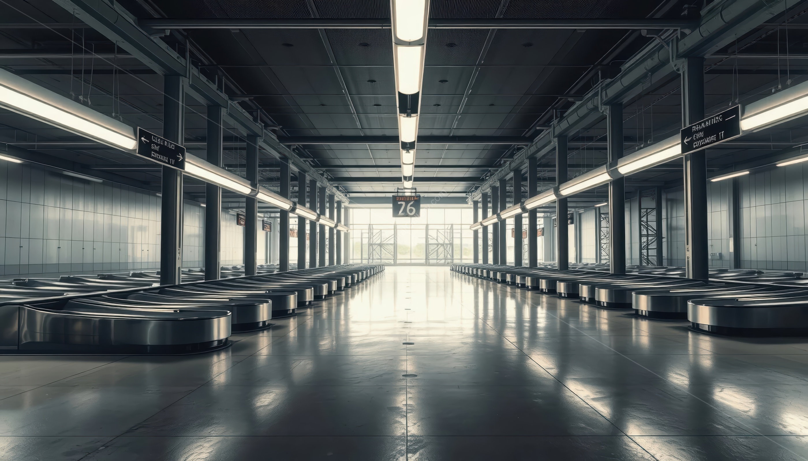 The empty airport terminal conjures feelings of both familiarity and unease.