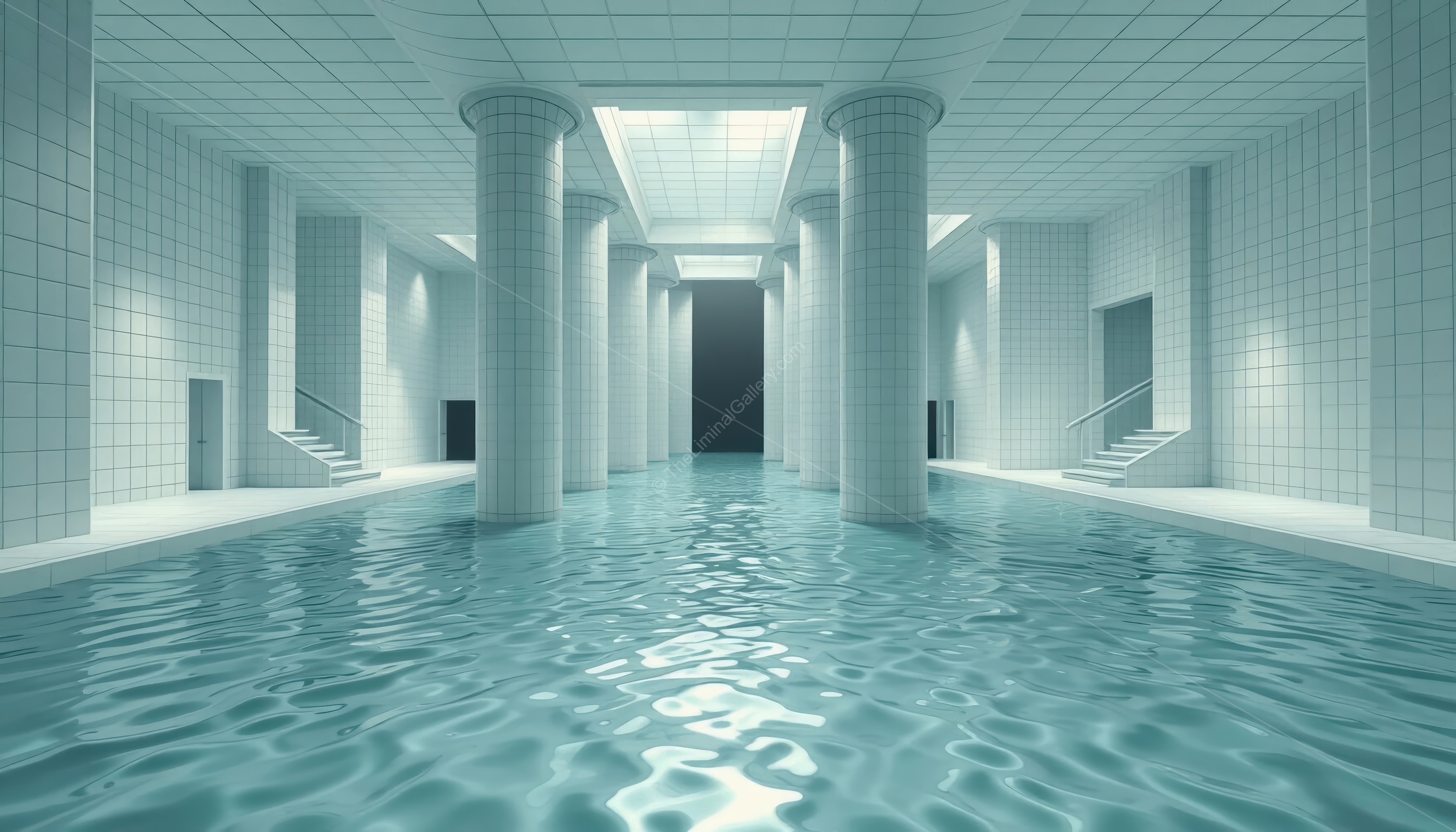 The serene, yet eerie poolrooms offer a blend of calm and unease.