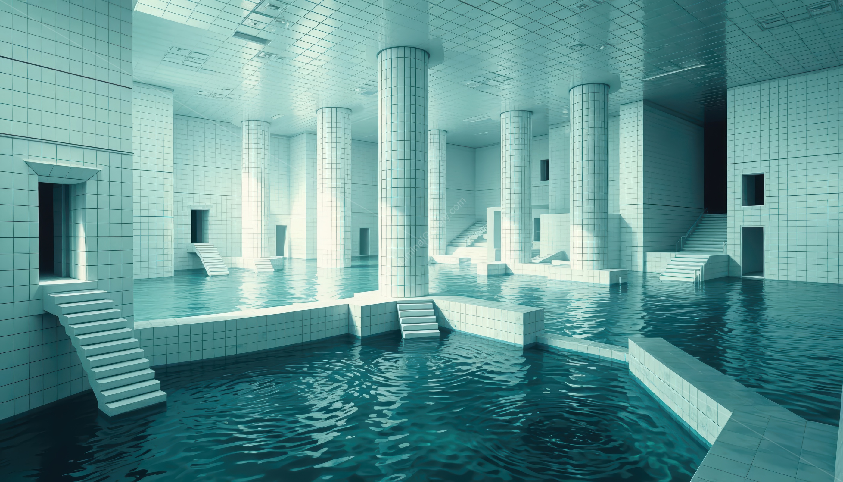 The sterile environment and endless pools create an unnerving atmosphere.