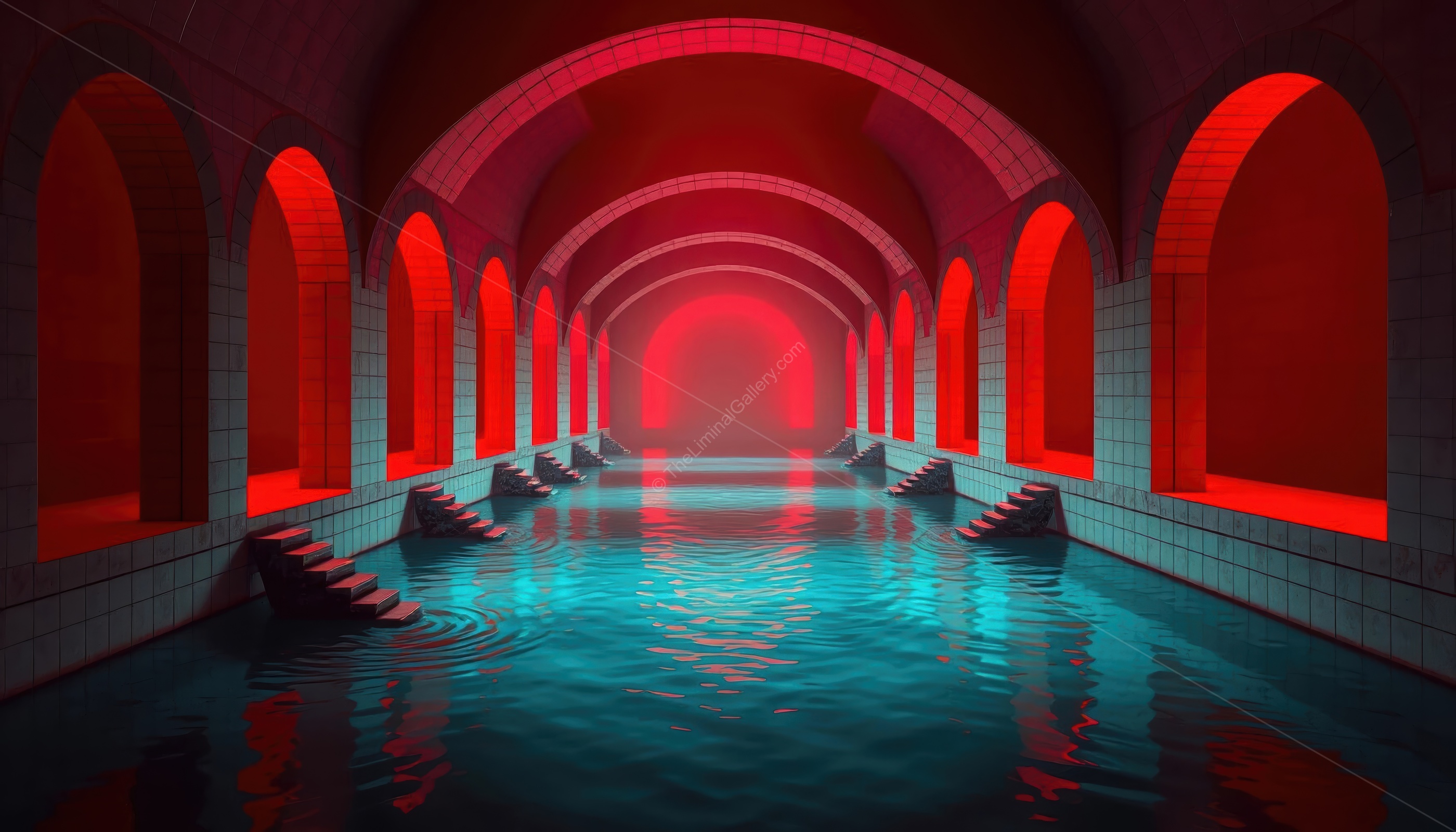 The red lighting of these poolrooms adds to the disorientation and unease.