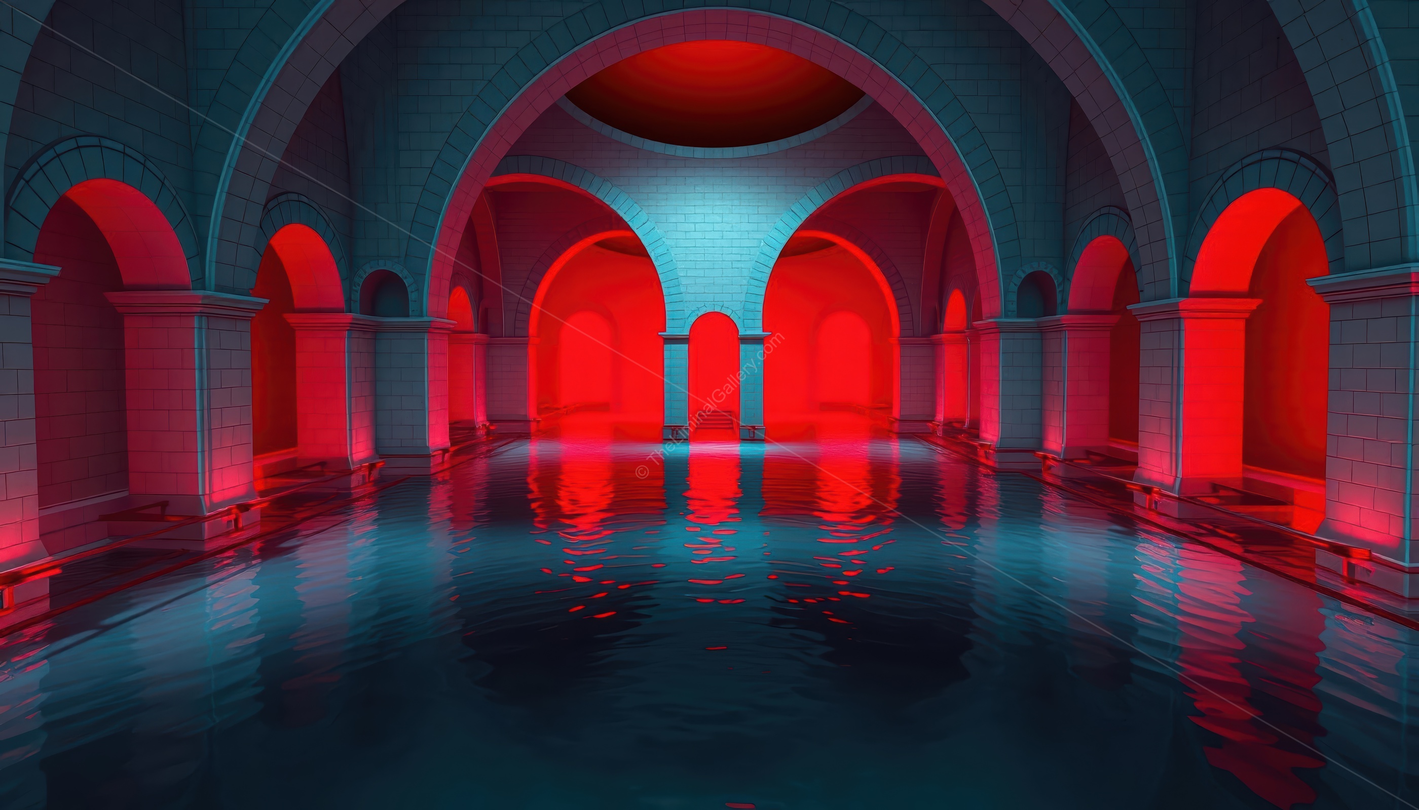 The unnatural red color of the water makes the poolrooms all the more unsettling.