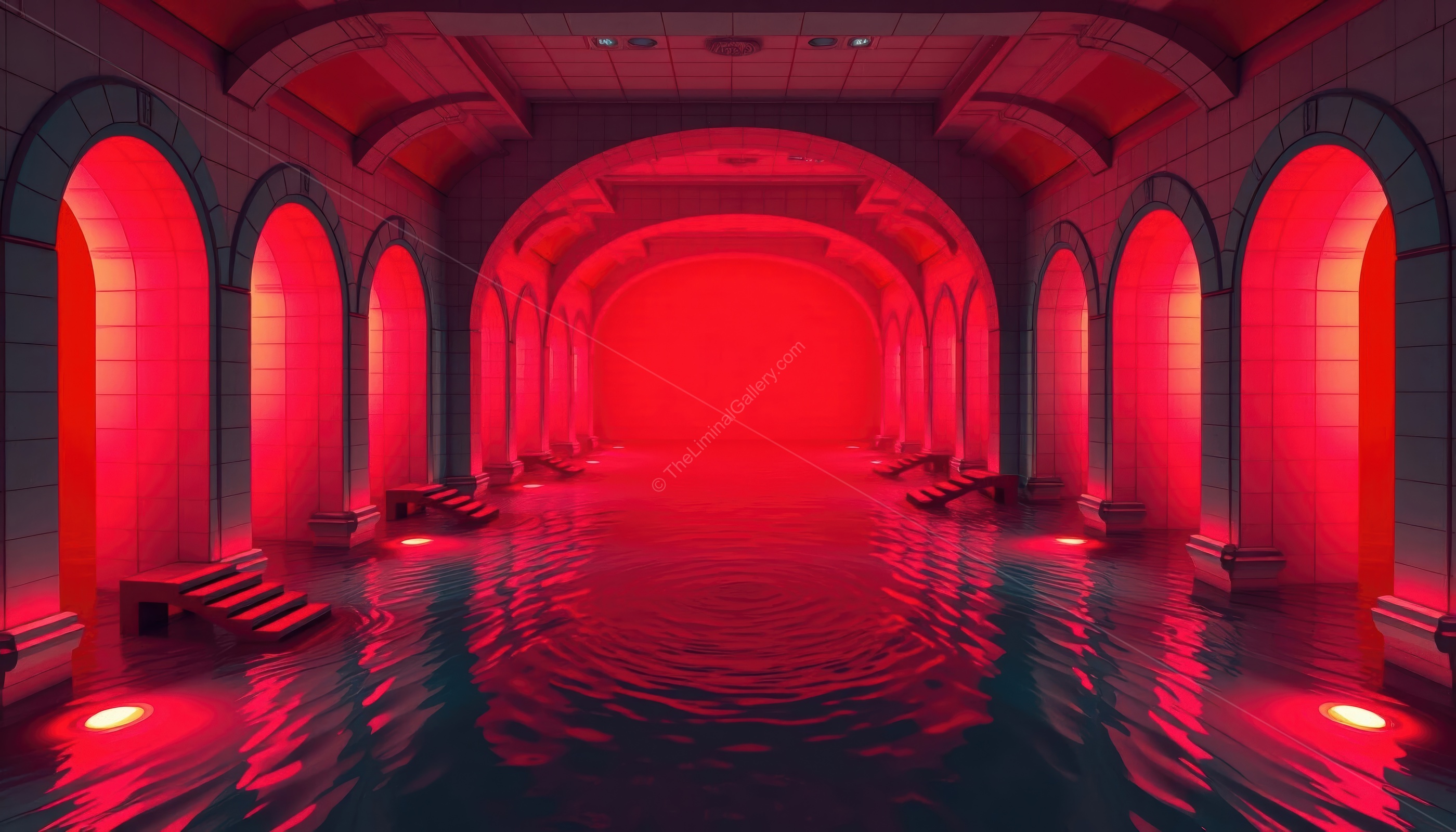 Red-tinted poolrooms in Level 37, Sublimity, evoke surreal unease and liminal disorientation.