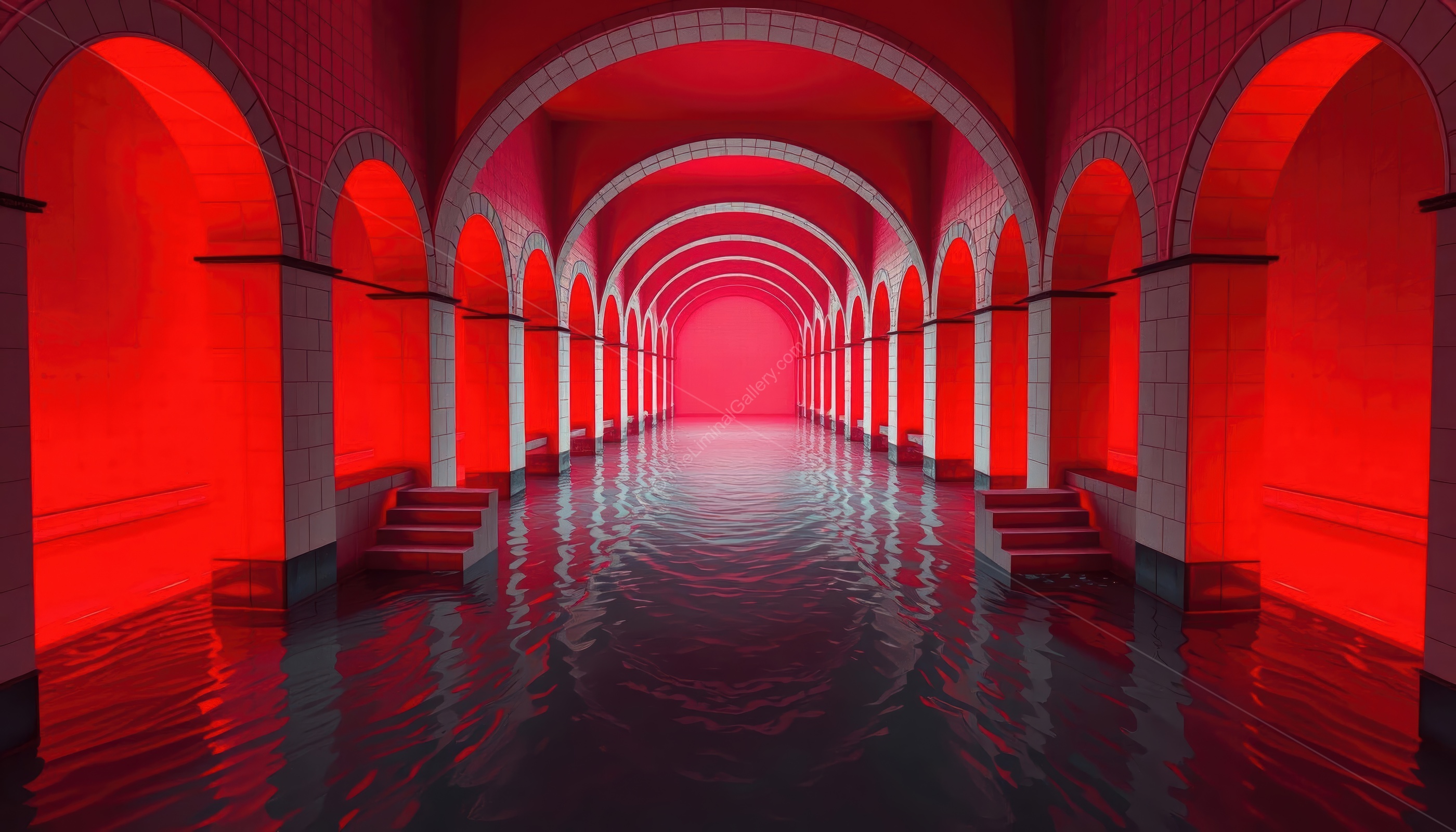 The unsettling red tint creates a nightmarish distortion of the poolrooms.