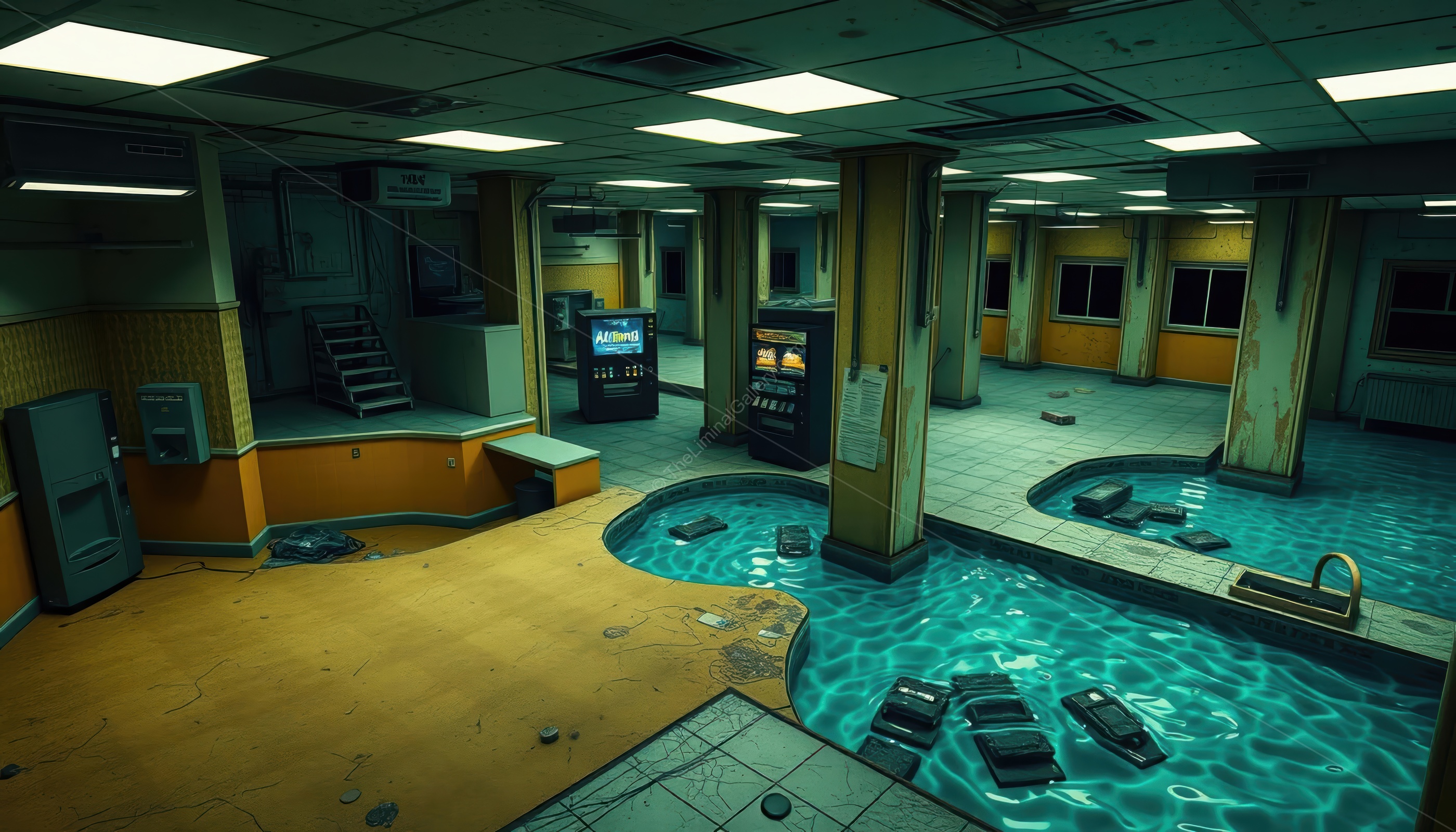 A dimly lit, collapsing geometry defines Level 38, Fold Point, a surreal and disorienting liminal space.