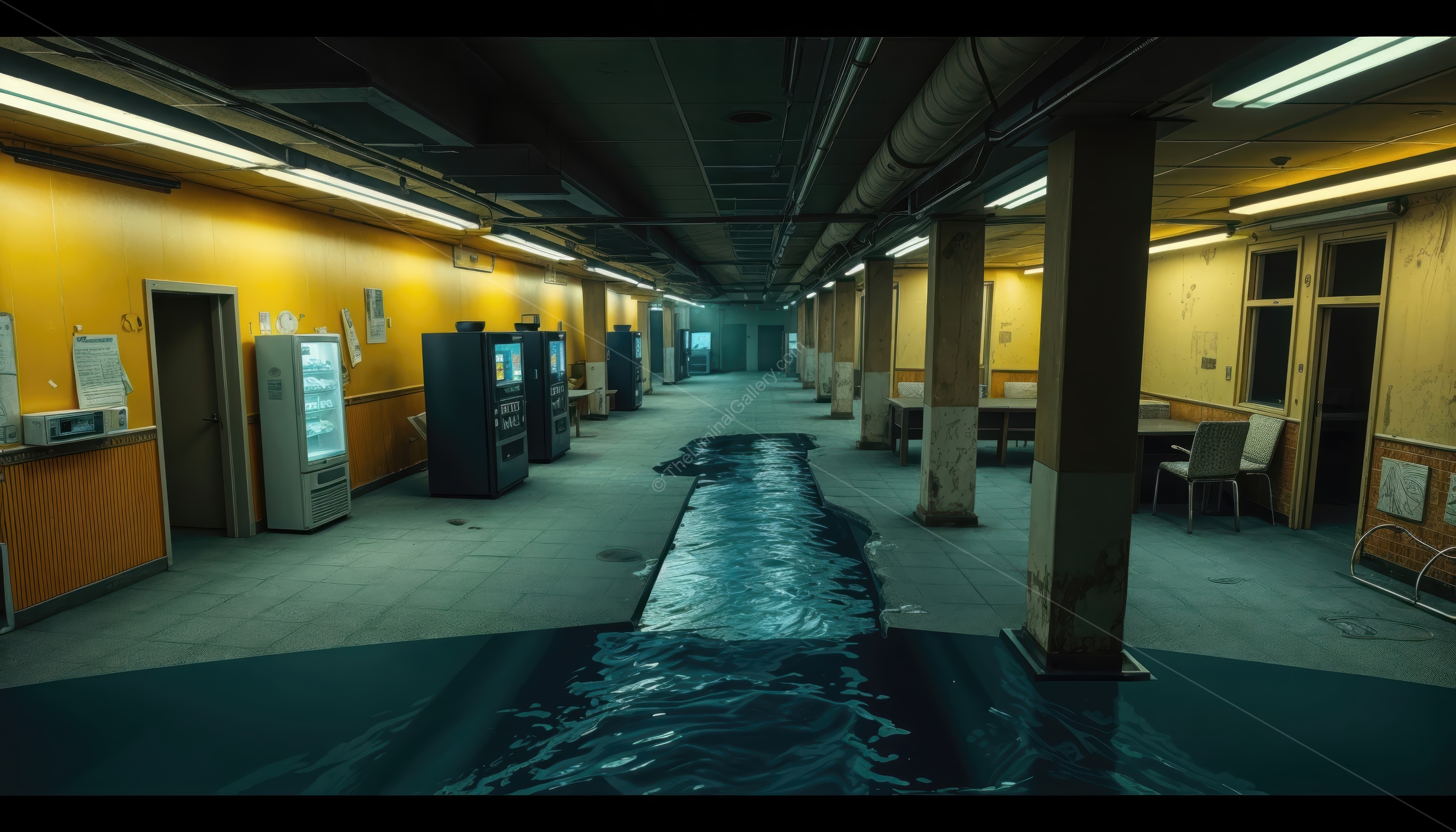 The distorted and collapsing geometry creates a sense of dread and uncertainty.