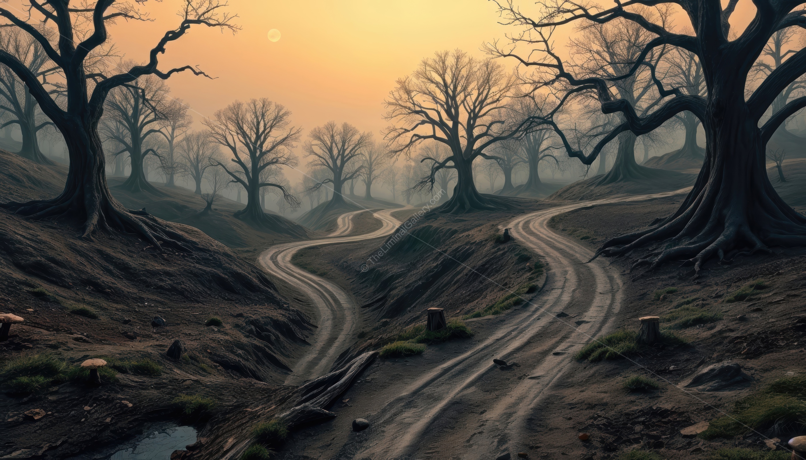 The dim lighting and unfamiliar trees create a sense of mystery and unease.