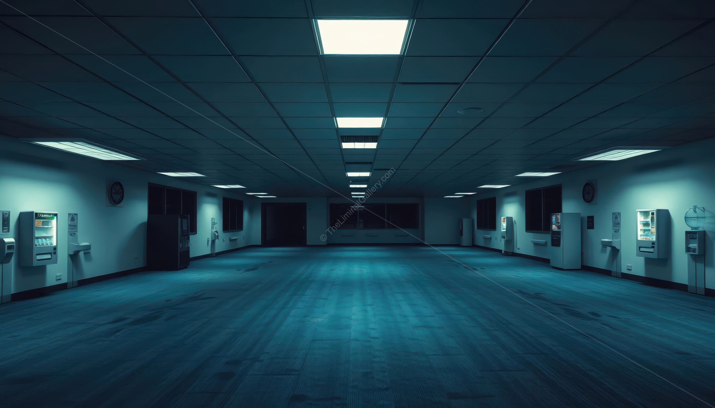 The empty office space and the cold lighting create a sense of dread.