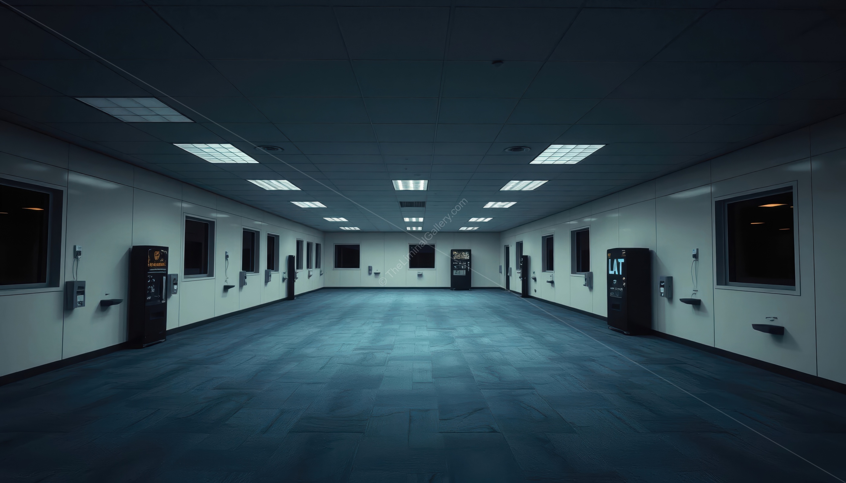 The empty desks and flickering lights emphasize a sense of abandonment and decay.