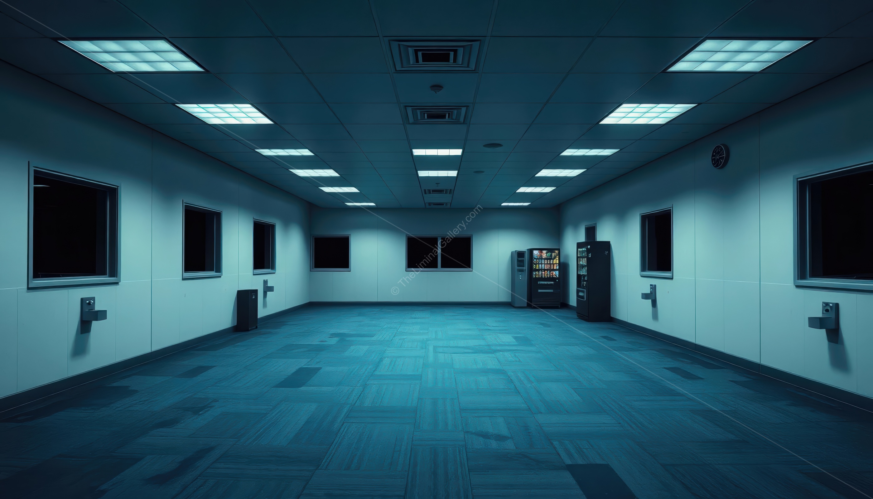 The sterile environment and empty desks evoke feelings of isolation.