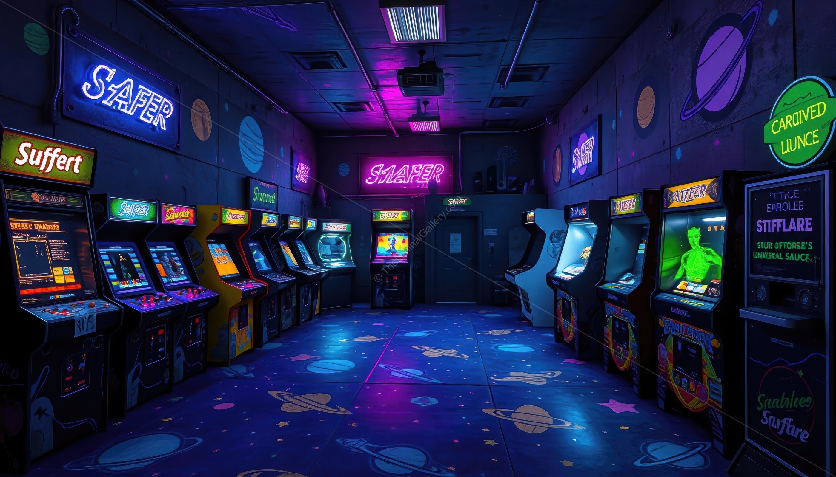 A retro arcade and dining space in Level 40, Roller Rockin' Pizza!, blending nostalgia with liminal eeriness.