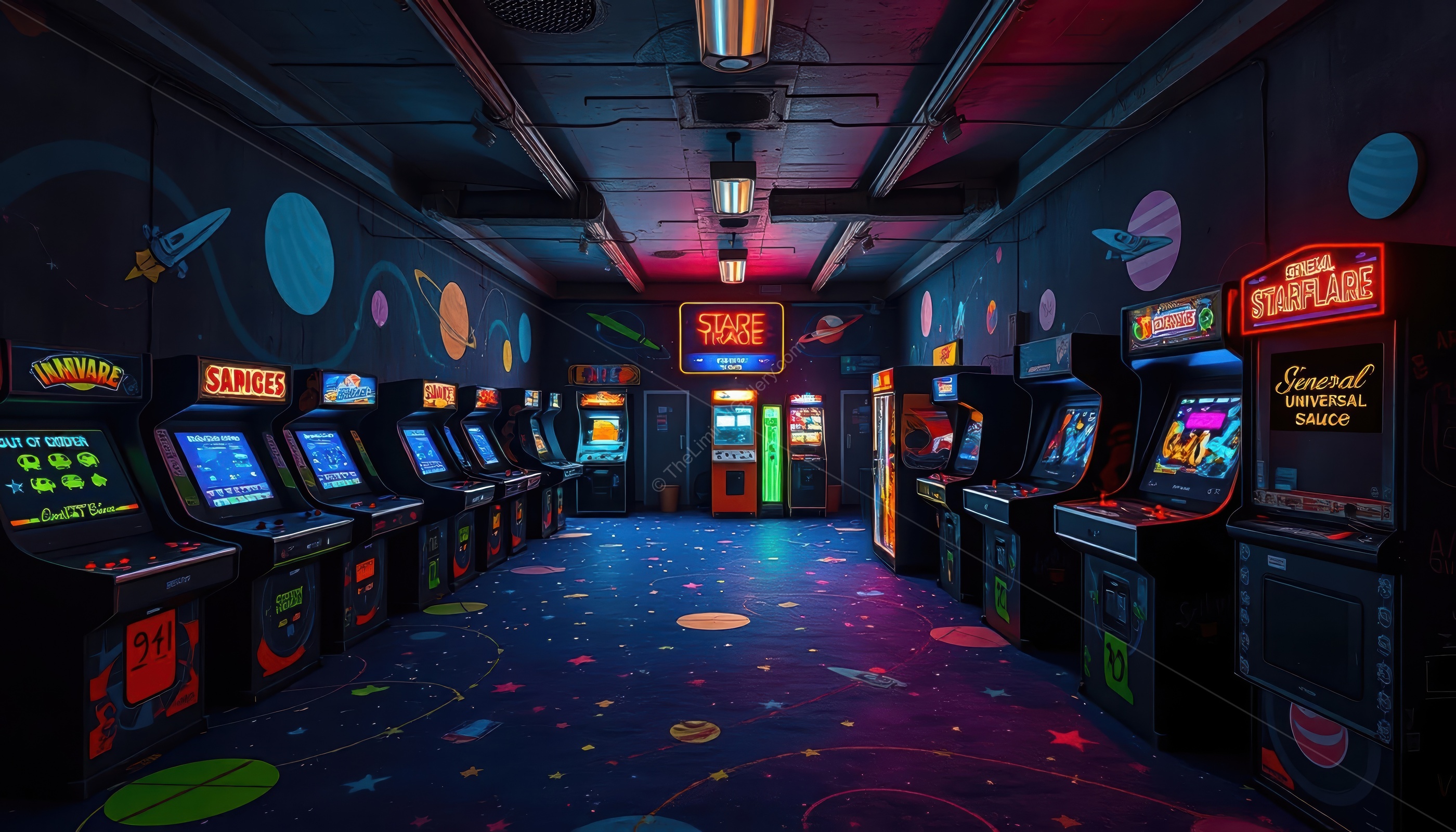 The mixture of arcade games and empty tables creates an unsettling feeling.