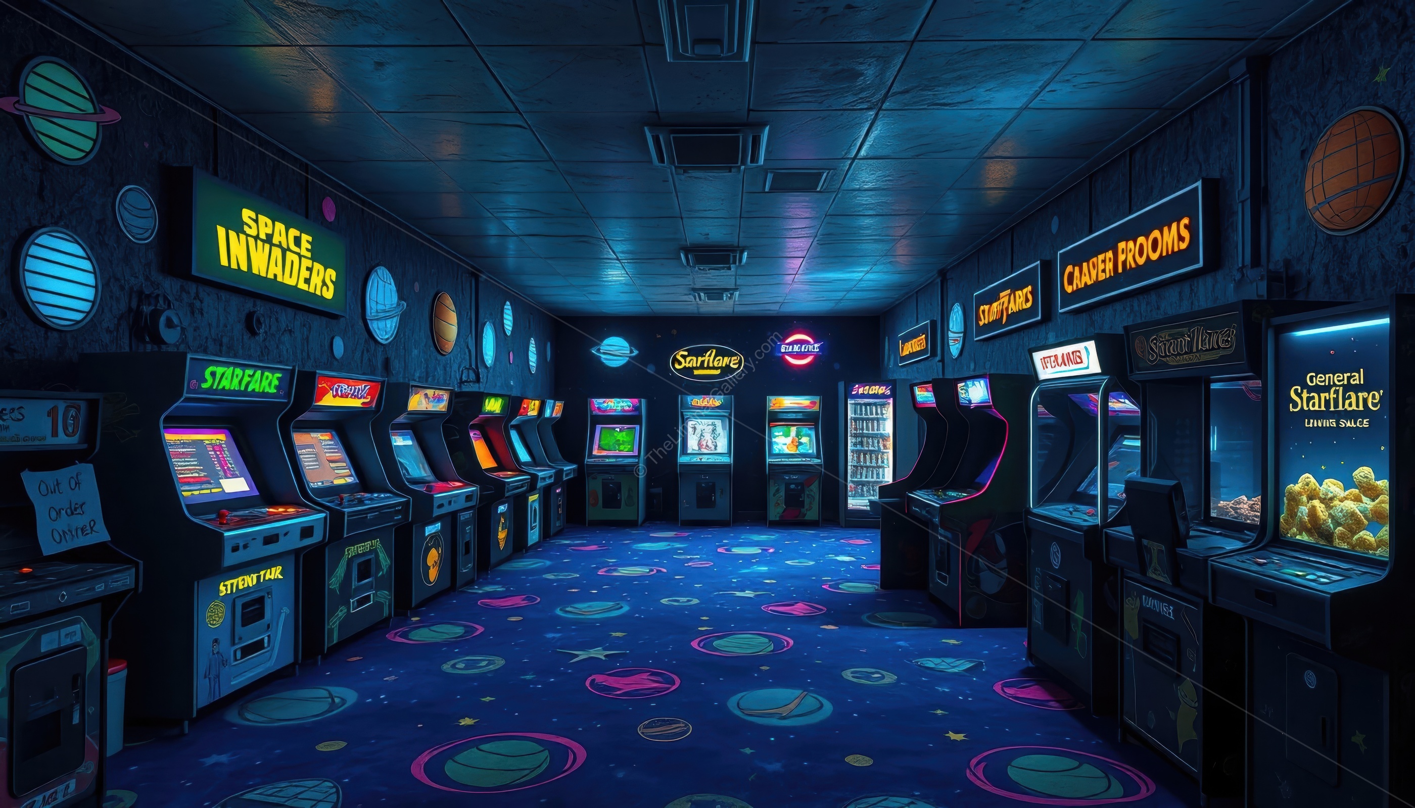 The bright lights and abandoned games create an unsettling atmosphere.