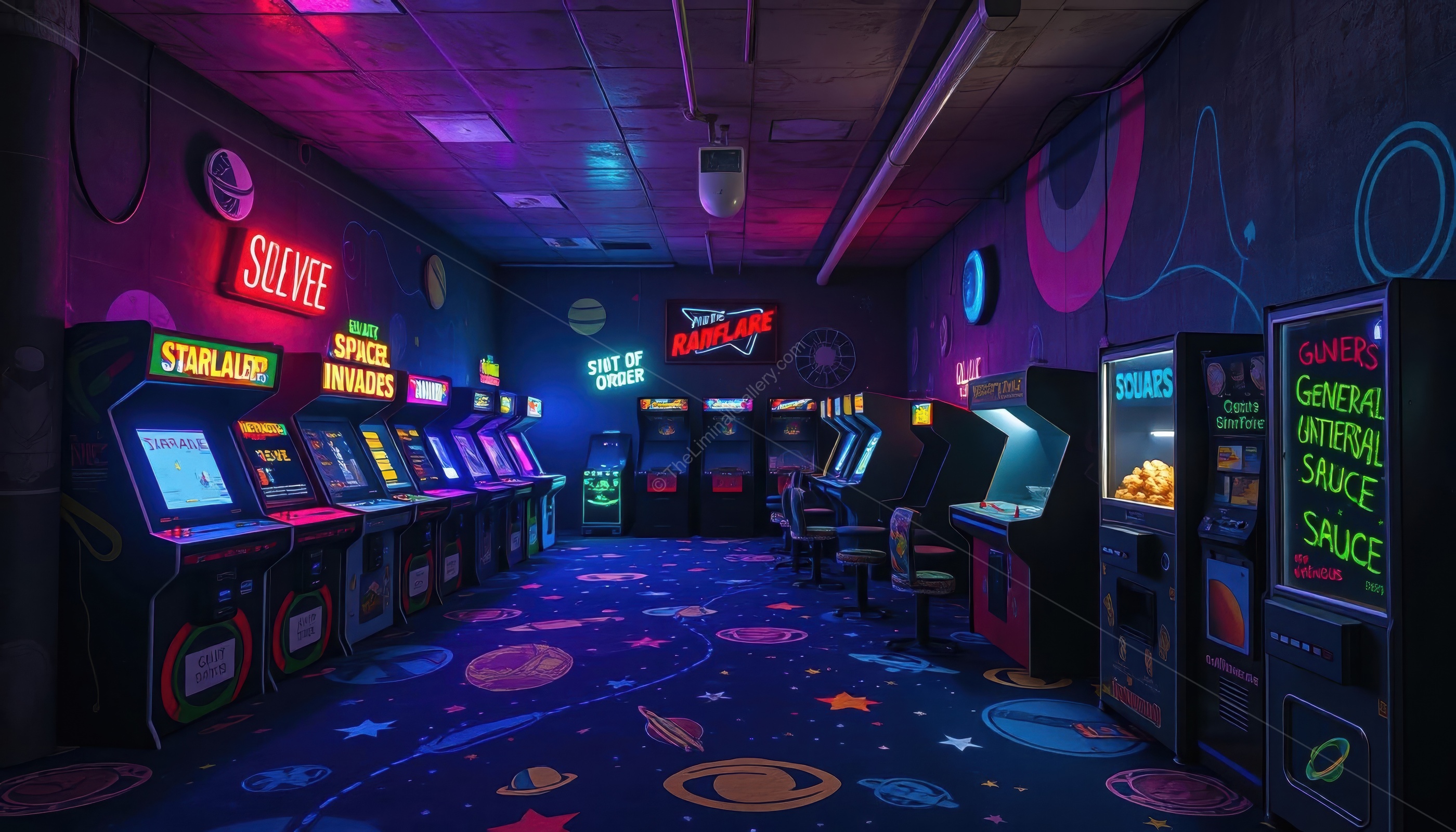 The retro arcade setting and the eerie emptiness make this a troubling experience.