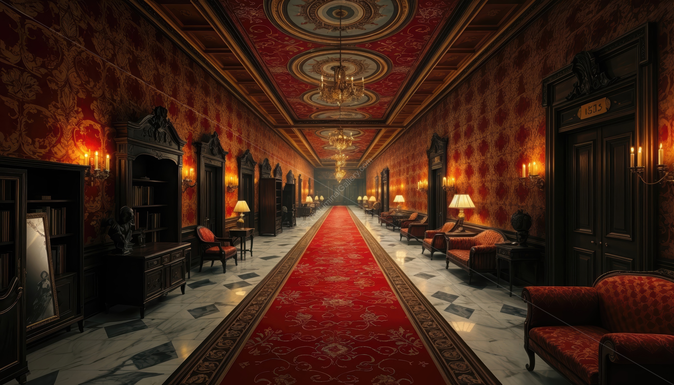 Haunting hotel corridors in Level 5, Terror Hotel, evoke classic horror and unsettling liminal dread.
