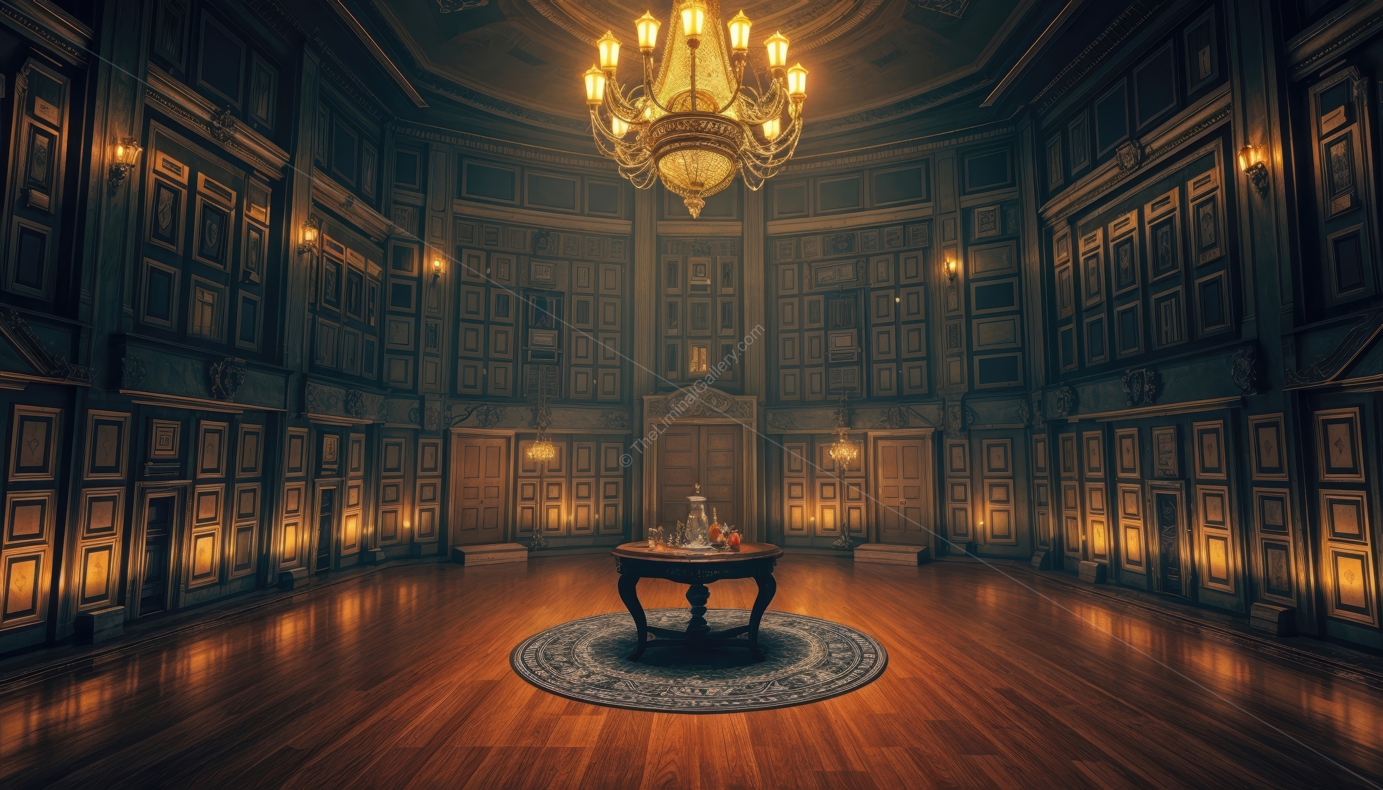 An elegant yet eerie Beverly Room in Level 5, Terror Hotel, blending luxury with unsettling liminality.