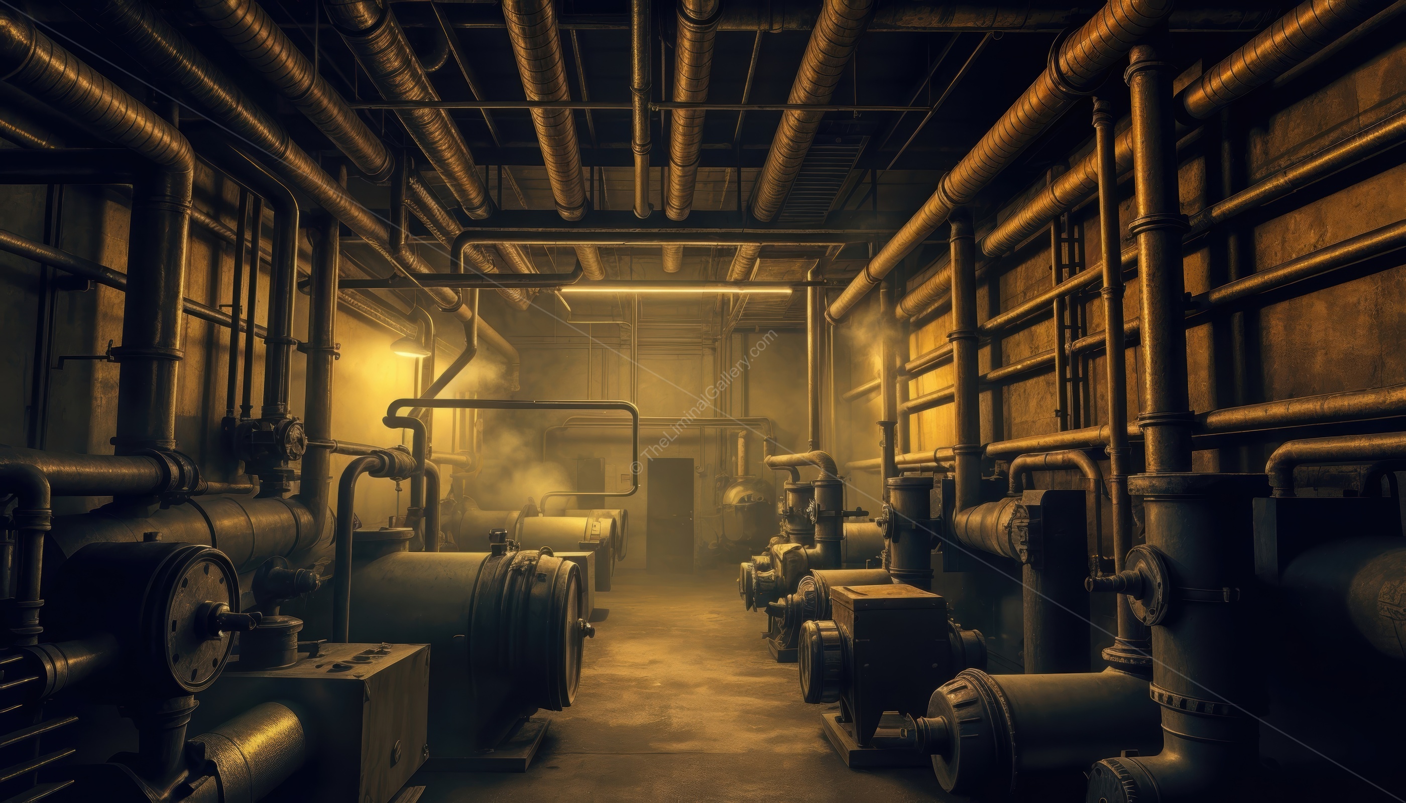 The darkness, machinery, and claustrophobic space create a terrifying environment.