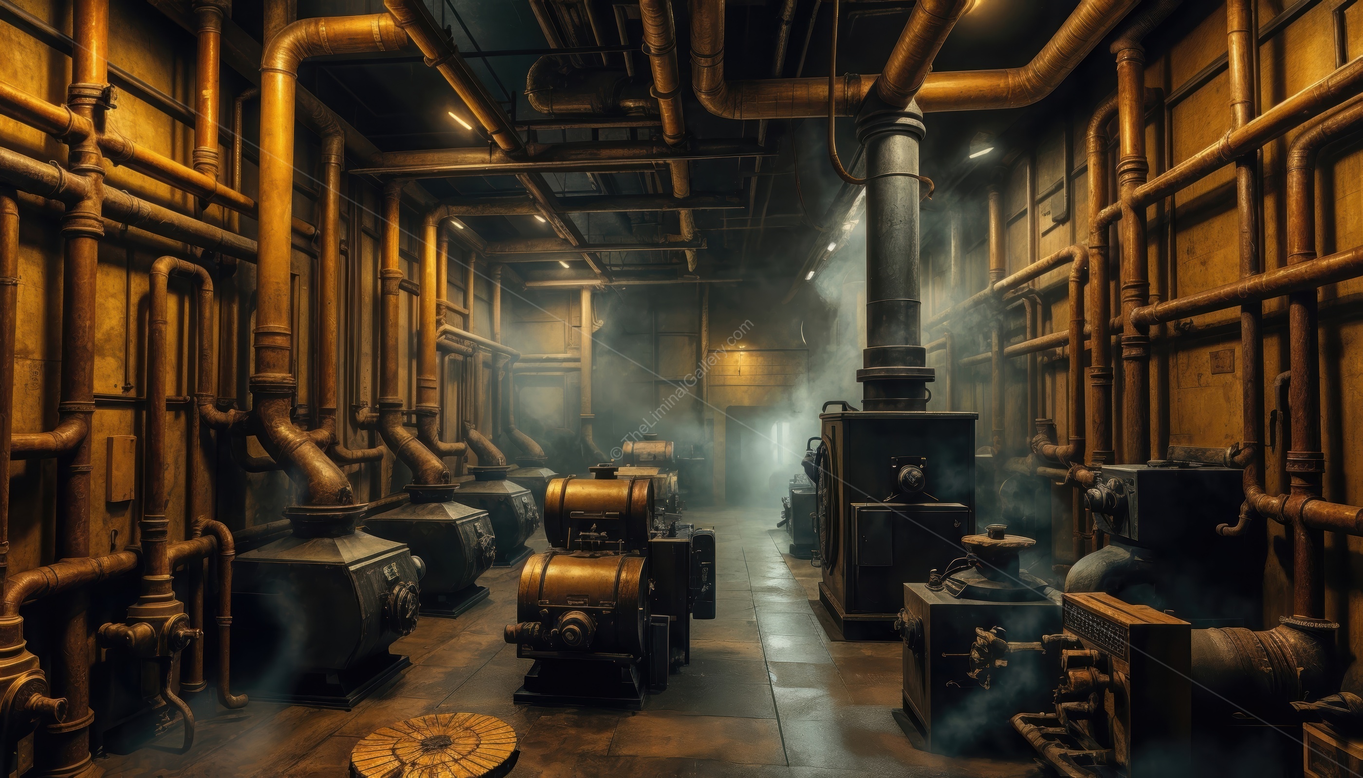 A dark and claustrophobic boiler room in Level 5, Terror Hotel, filled with industrial liminal unease.