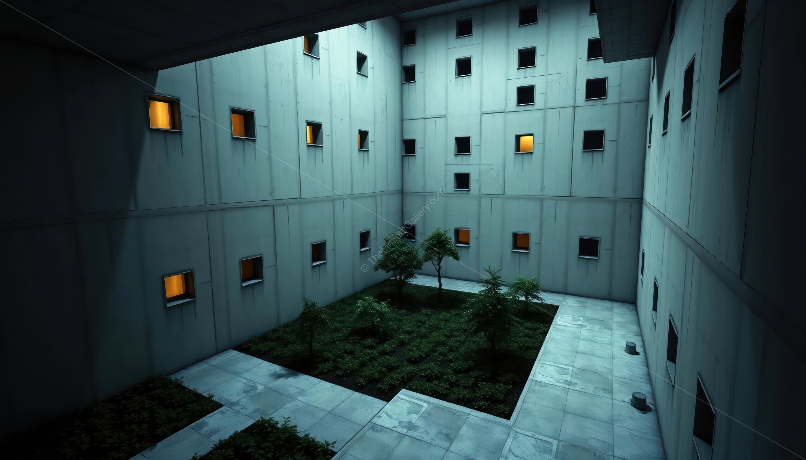 The endless windows and the isolated courtyard create a unique feeling of the eerie.