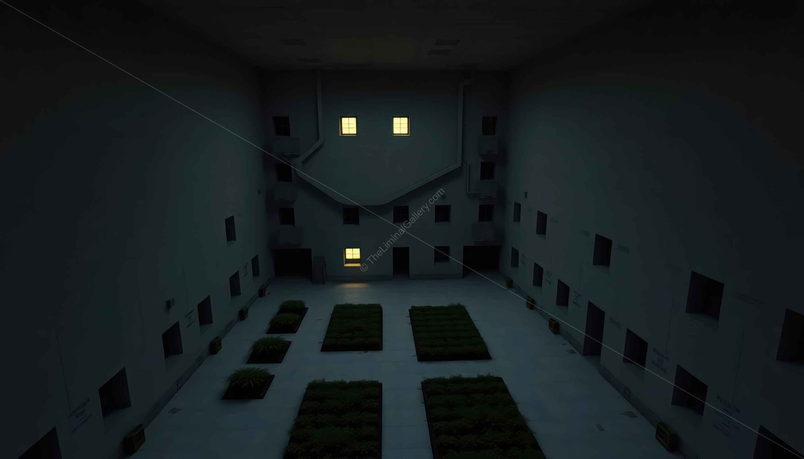 The unsettling courtyard and the countless windows offer no escape.