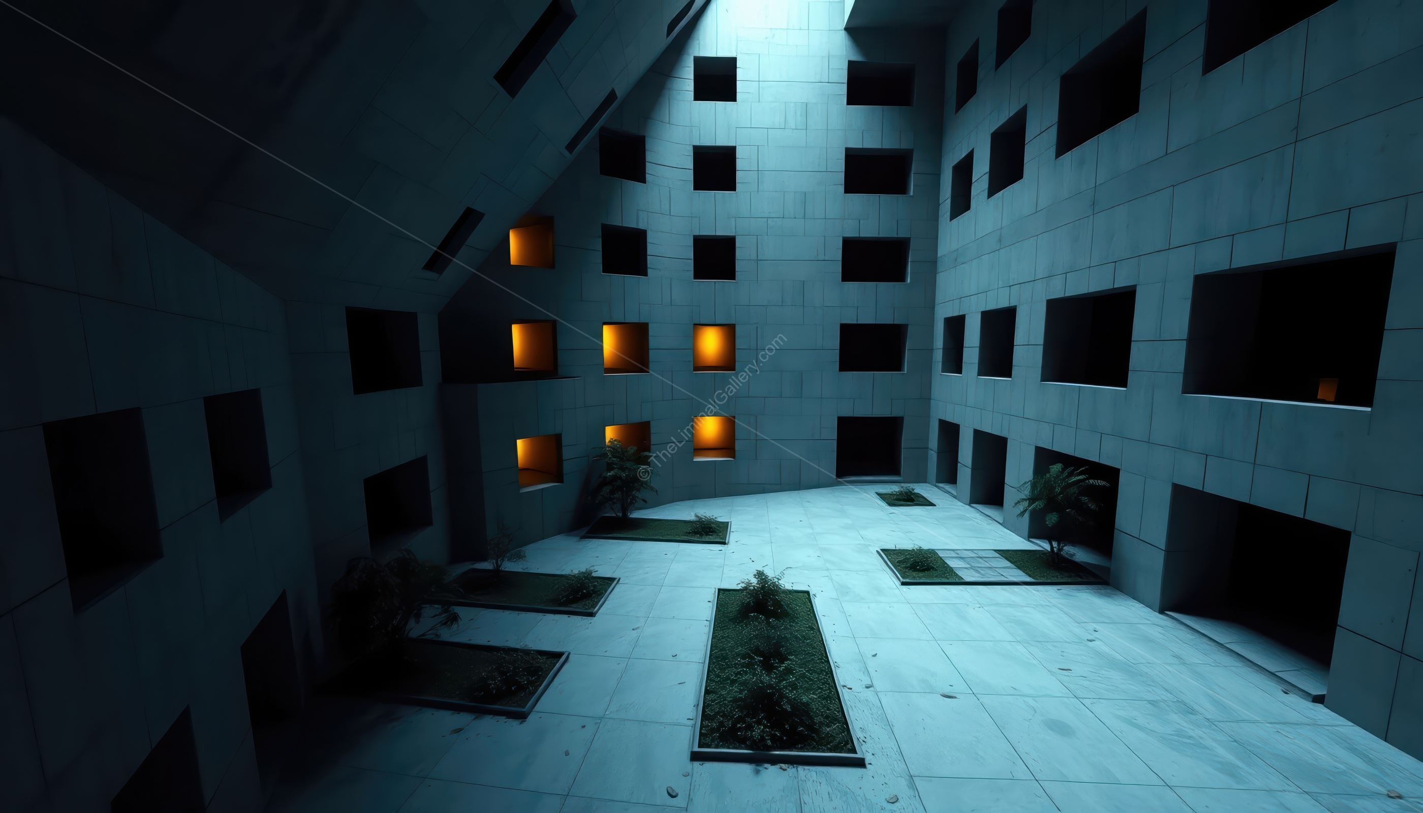 The courtyard, enclosed by countless windows, creates an unsettling paradox.