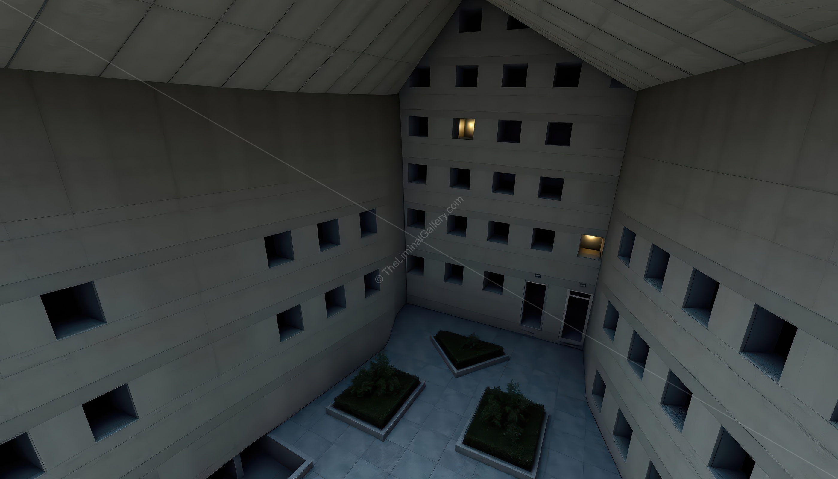 The courtyard, surrounded by countless windows, evokes a feeling of dread and the unknown.