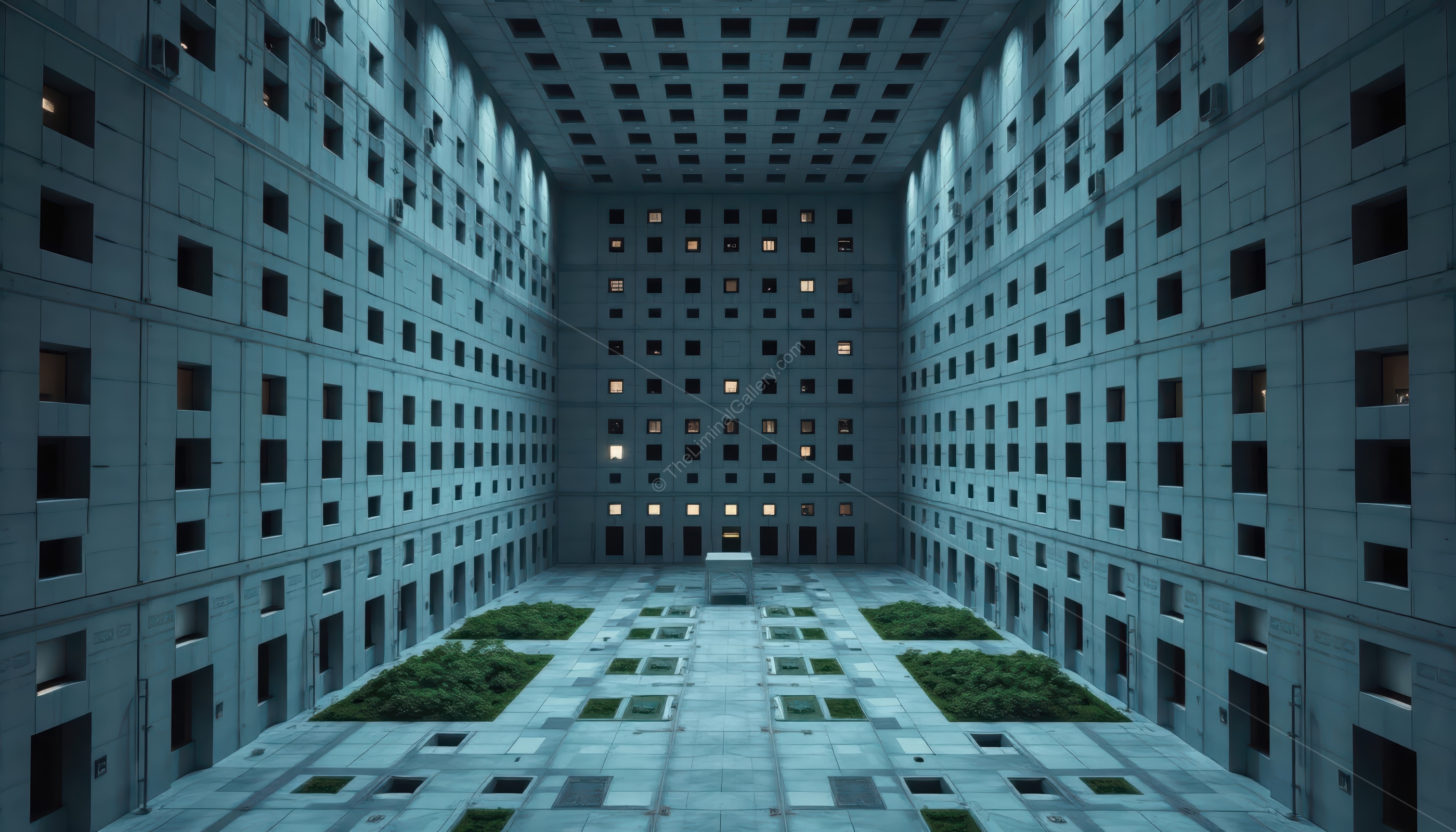 The eerie courtyard and the multitude of windows create an unsettling atmosphere.