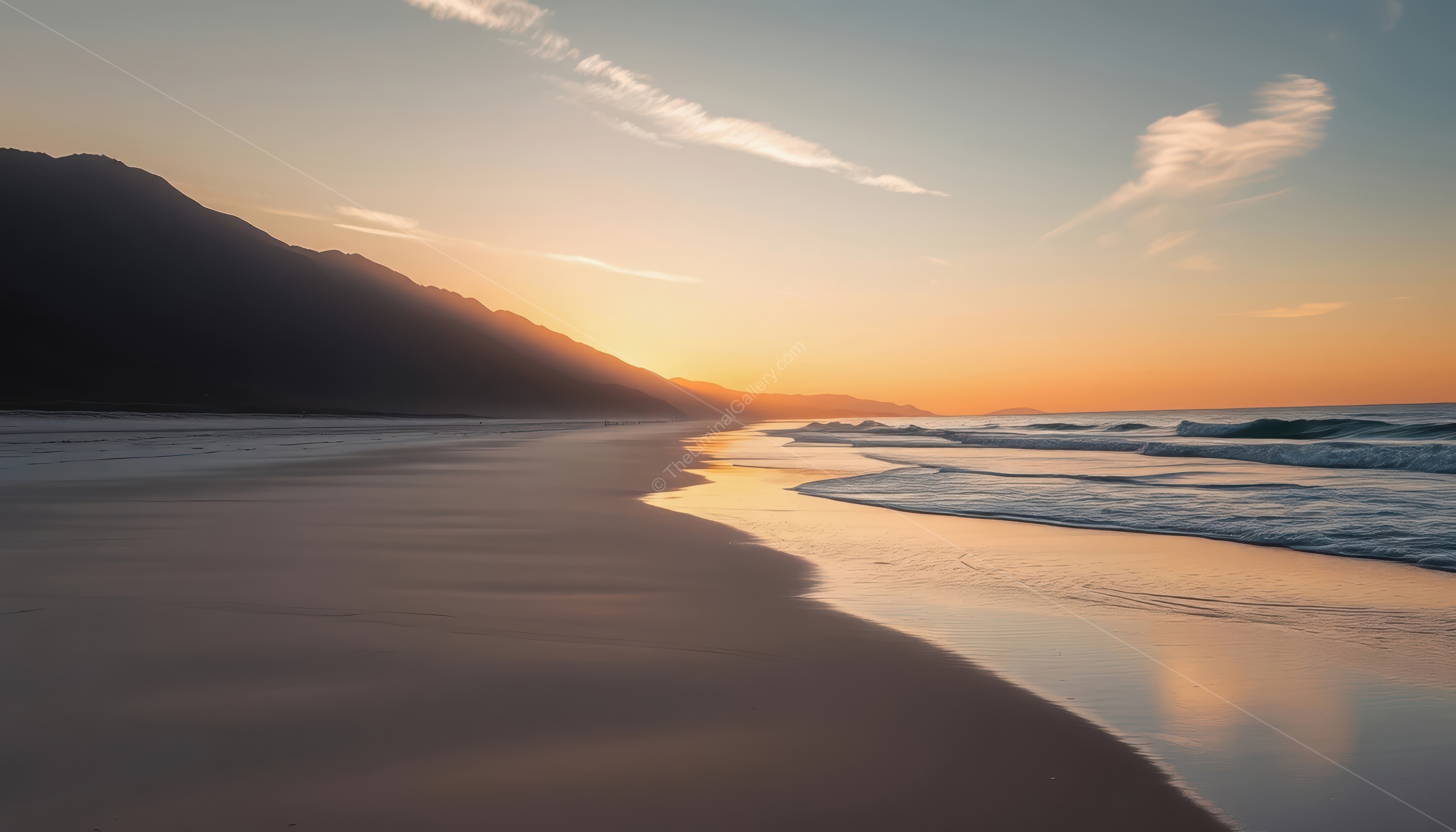 The vast, empty beach evokes a sense of beauty with unsettling undertones.