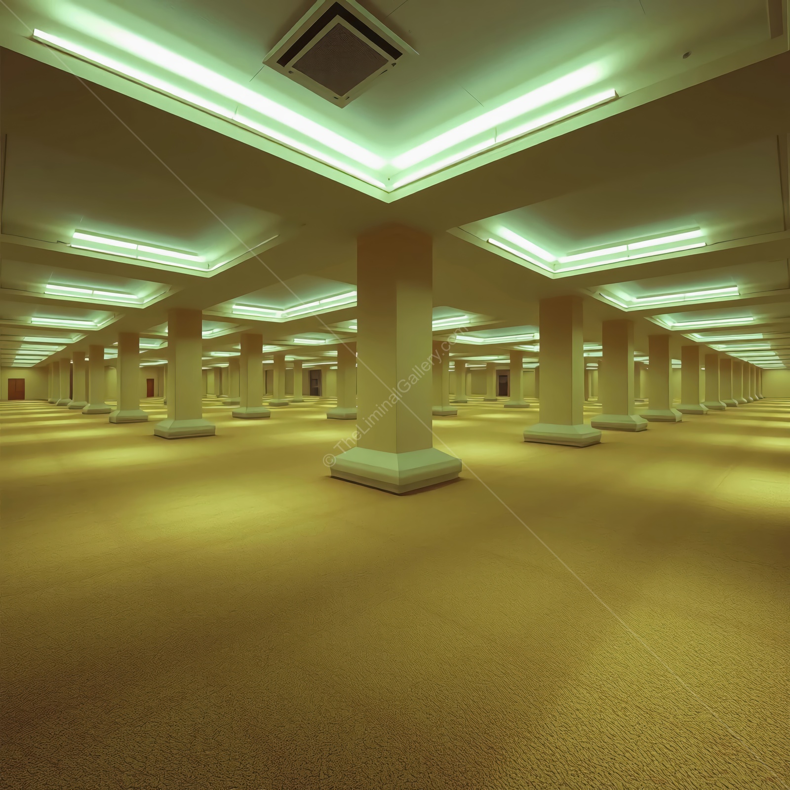 Illuminated Backrooms corridor of empty pillars in a spacious hall exuding a surreal atmosphere