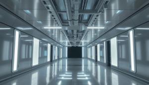 The sleek, empty corridors of Level 15 create a sense of cold isolation and futuristic dread.