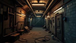 Deserted industrial corridors in Level 2, Abandoned Utility Halls, evoke the cold emptiness of Backrooms aesthetics.