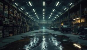 An expansive and empty storage area in Level 20, Warehouse, creating a chilling industrial liminal atmosphere.