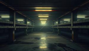 The empty parking spaces and the echoing silence create an unsettling ambiance.