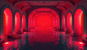 Red-tinted poolrooms in Level 37, Sublimity, evoke surreal unease and liminal disorientation.