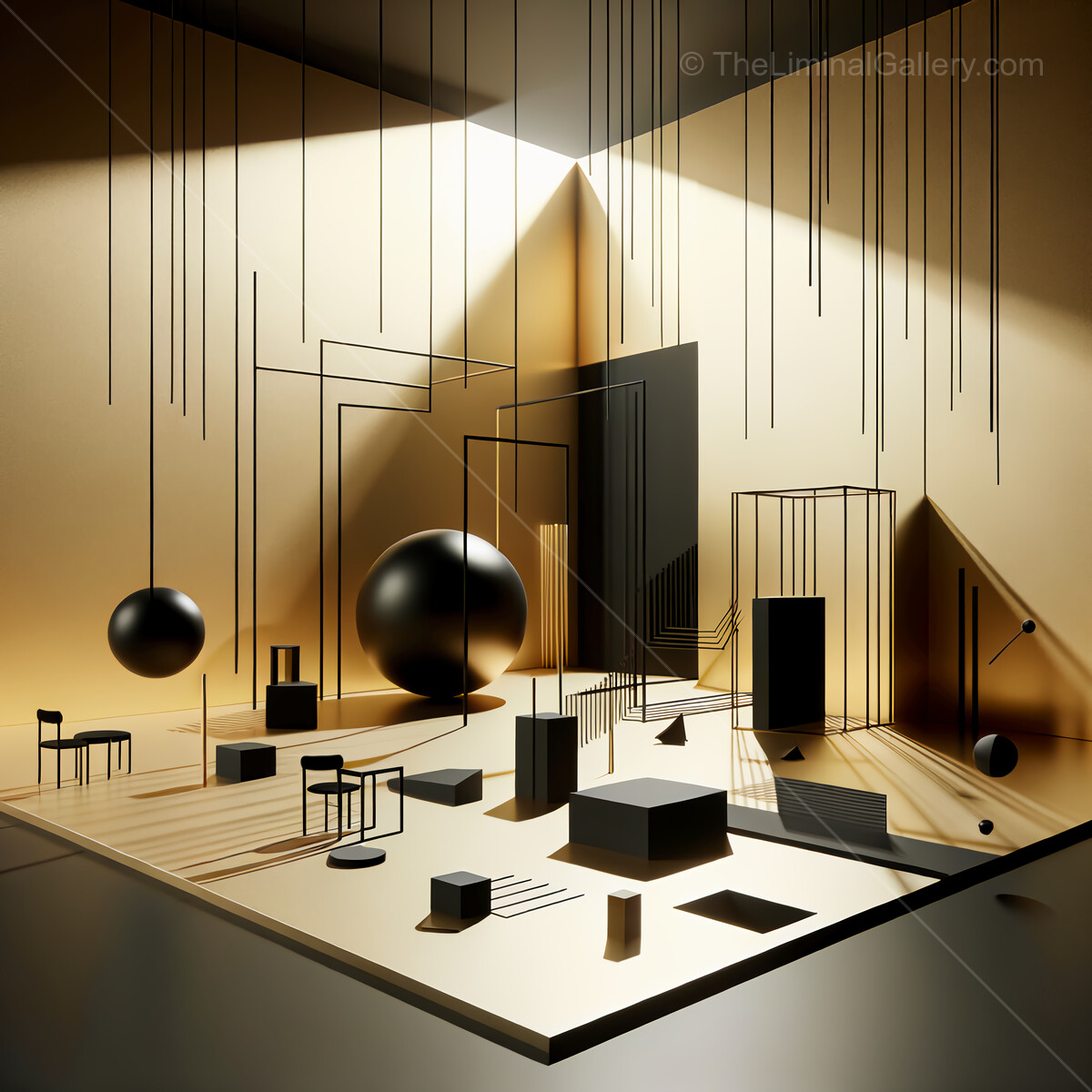 Exploring an abstract space with geometric shapes and dynamic shadows at dusk