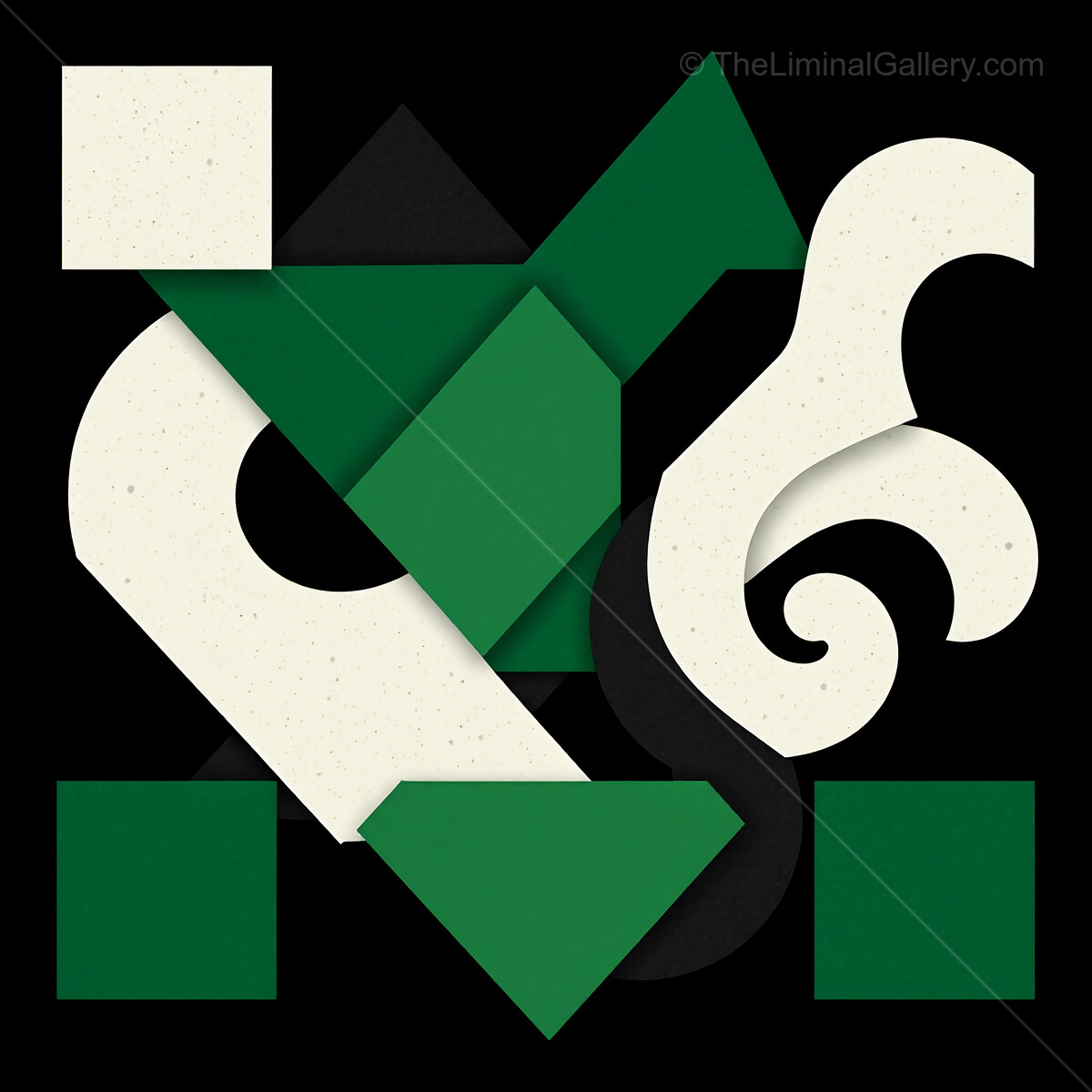 Colorful geometric design featuring abstract shapes in shades of green and black set against a black background
