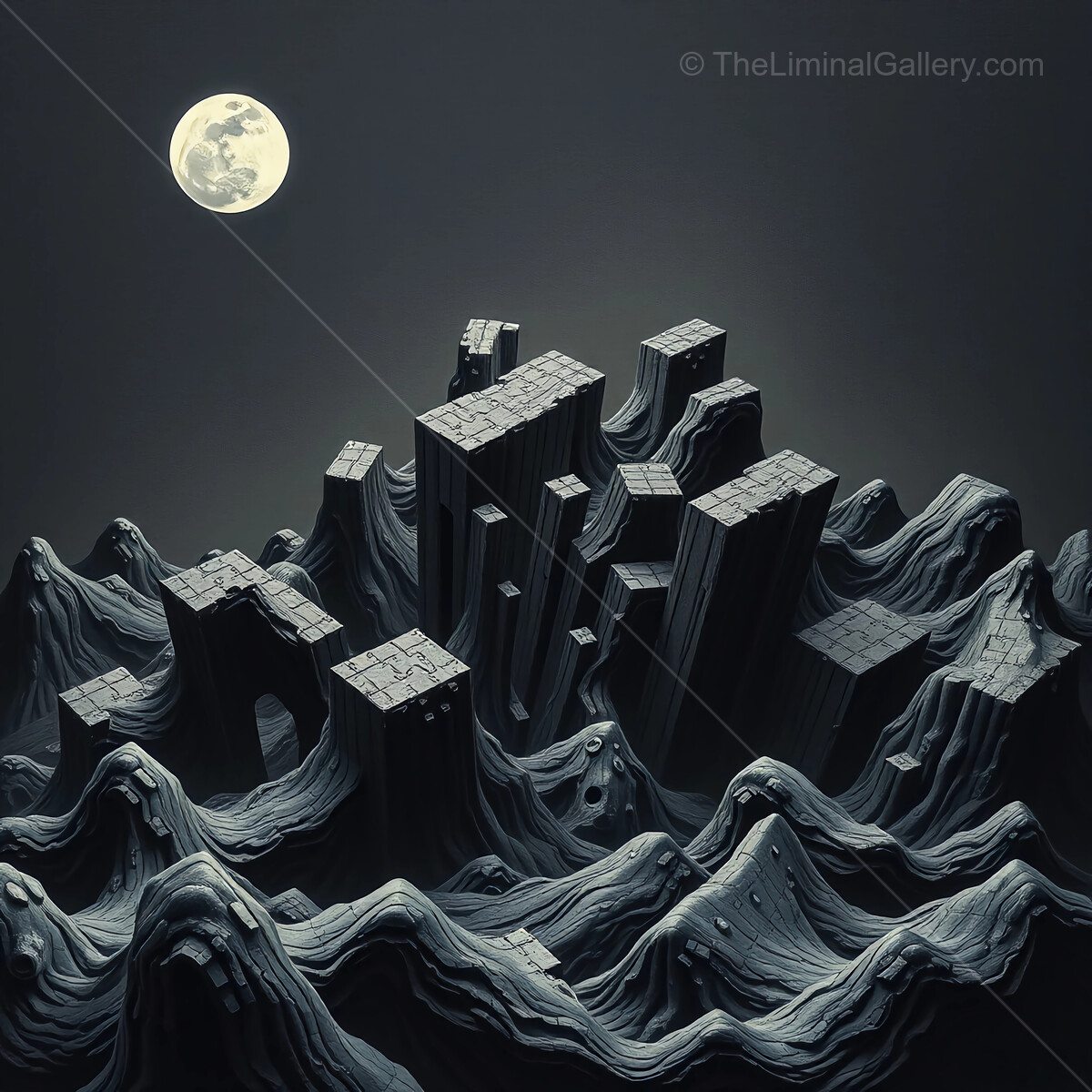 Mysterious landscape of abstract cubic mountain formations beneath a luminous moon