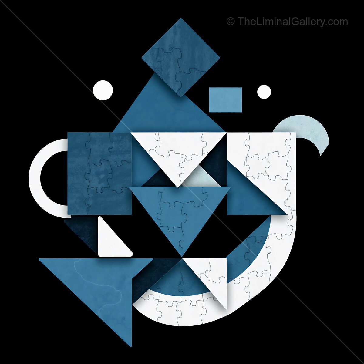 Artistic Memphis puzzle assembly with geometric shapes showcasing vibrant blues on a dark background
