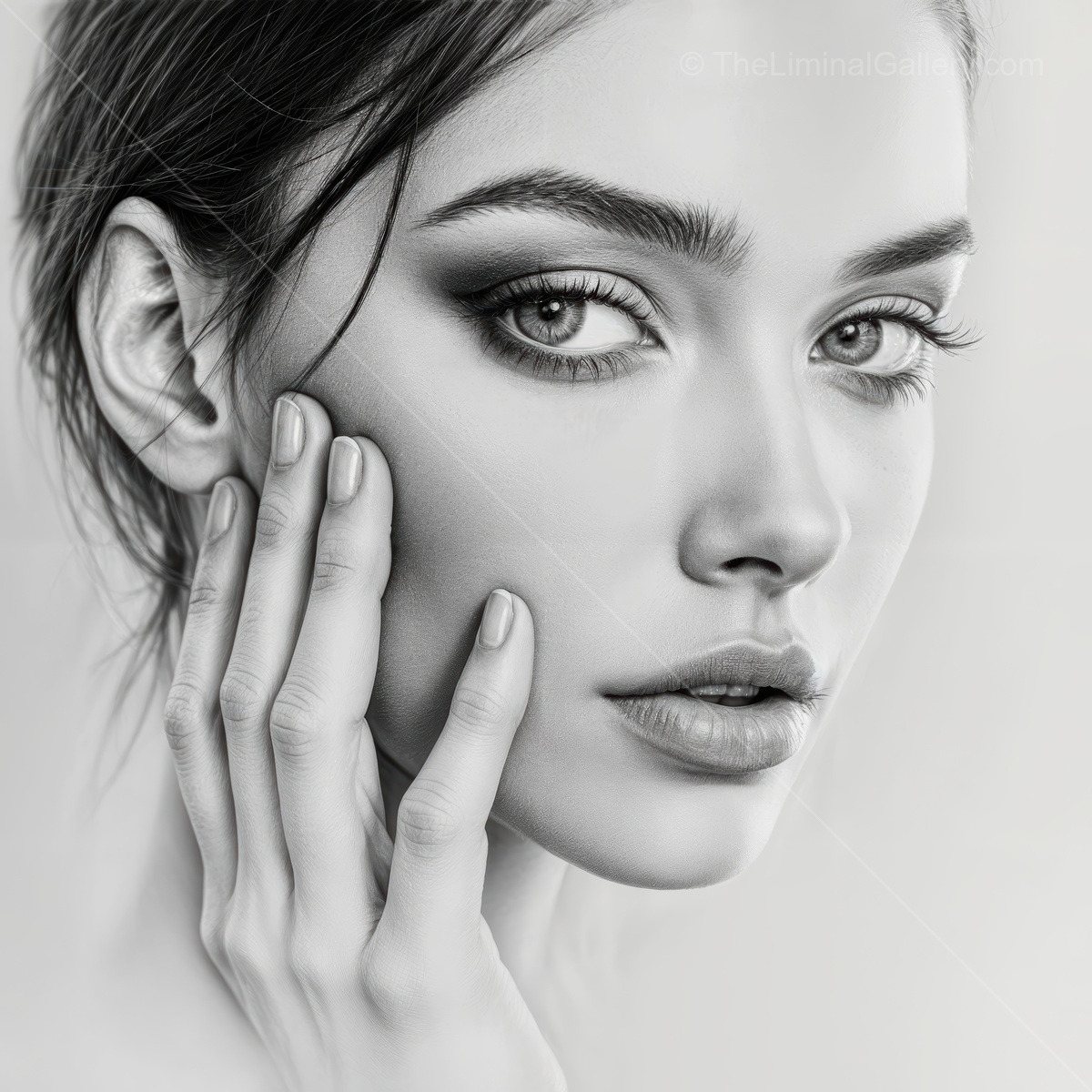 Captivating beauty in black and white showcases delicate features and striking gaze in a soft, artistic portrayal of elegance and grace