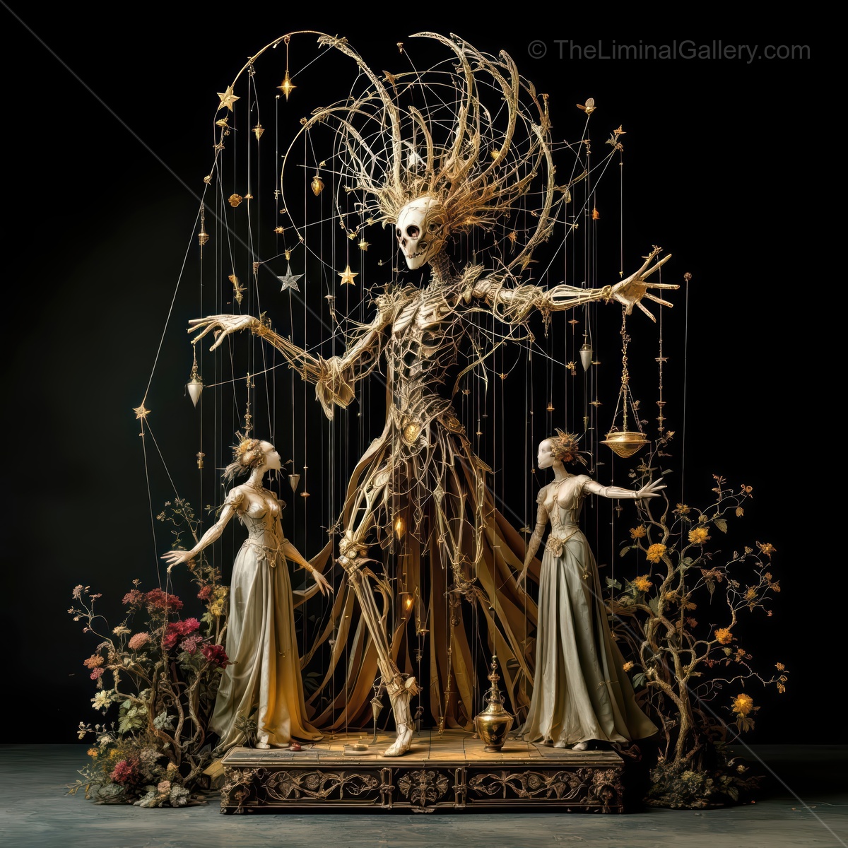 Majestic figure made of branches and bones holds scales while two ethereal beings stand nearby in an enchanting display of artistry and nature